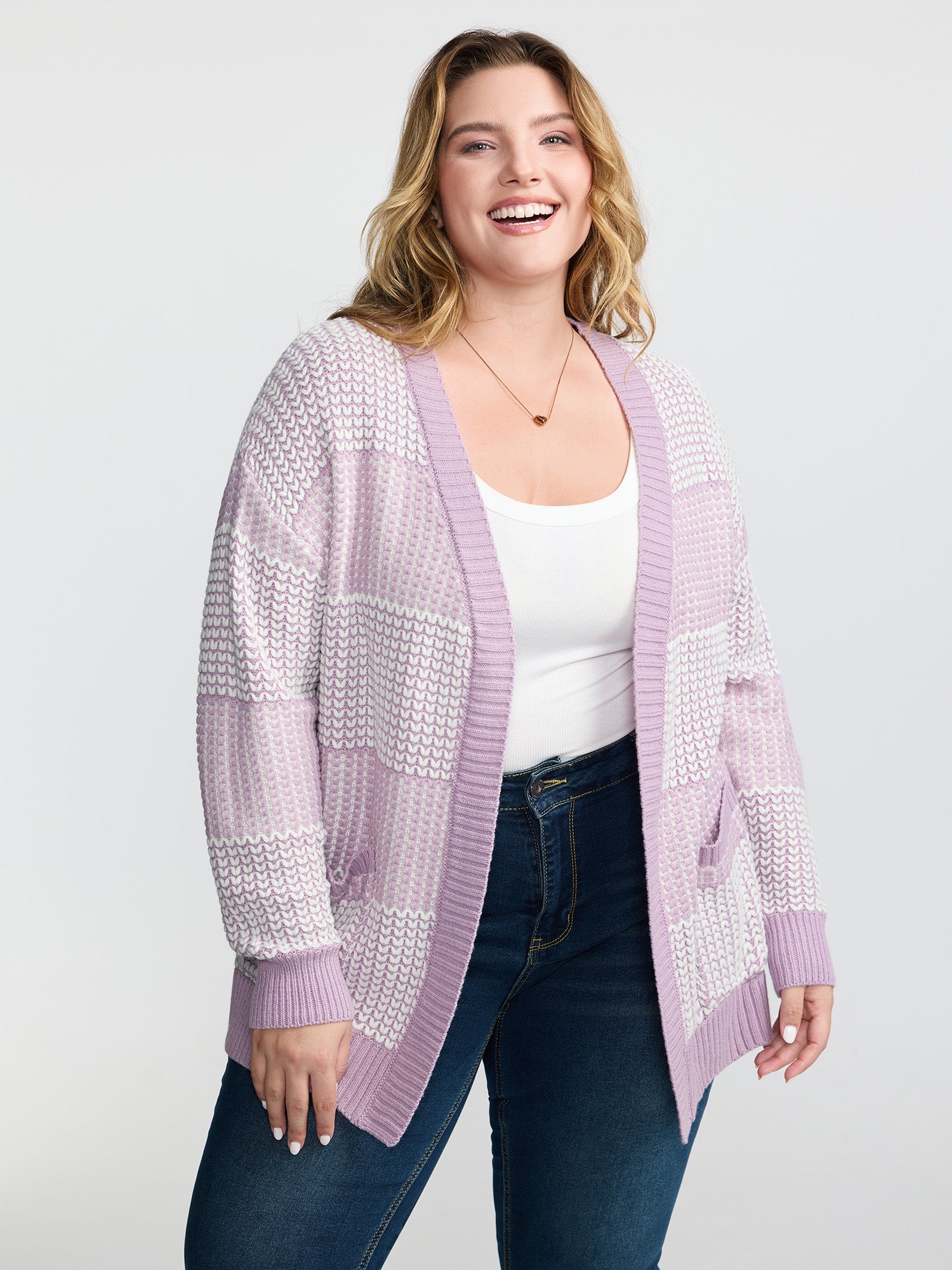 Color Stripes Pockets Textured Knit Cardigan