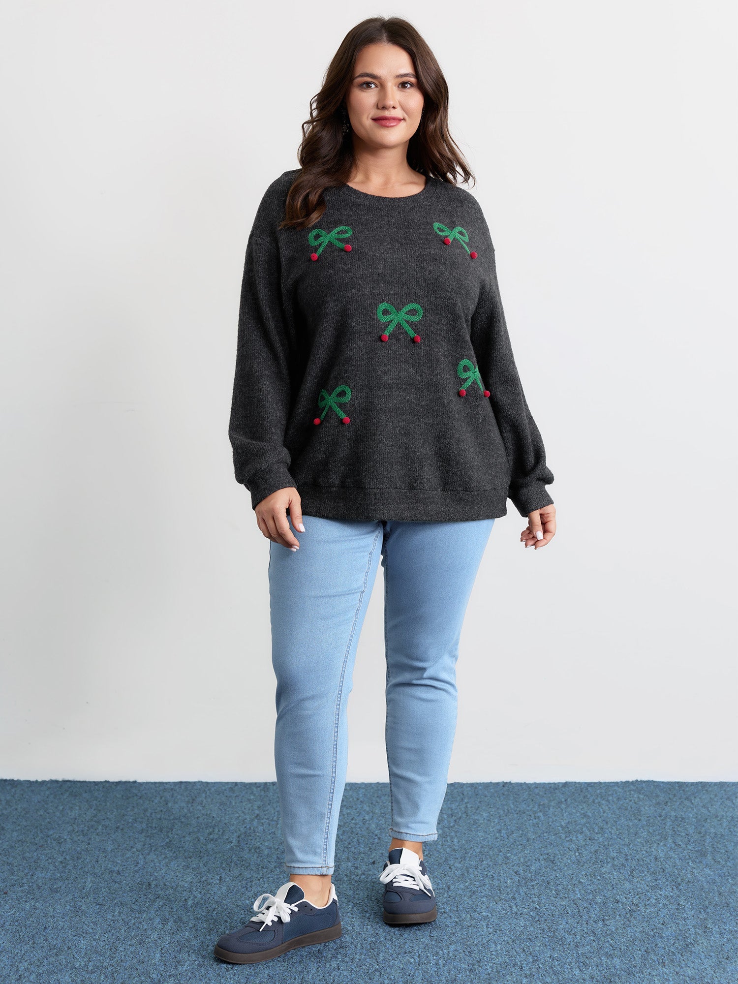 Cherry Cord Embroidery Textured Sweatshirt