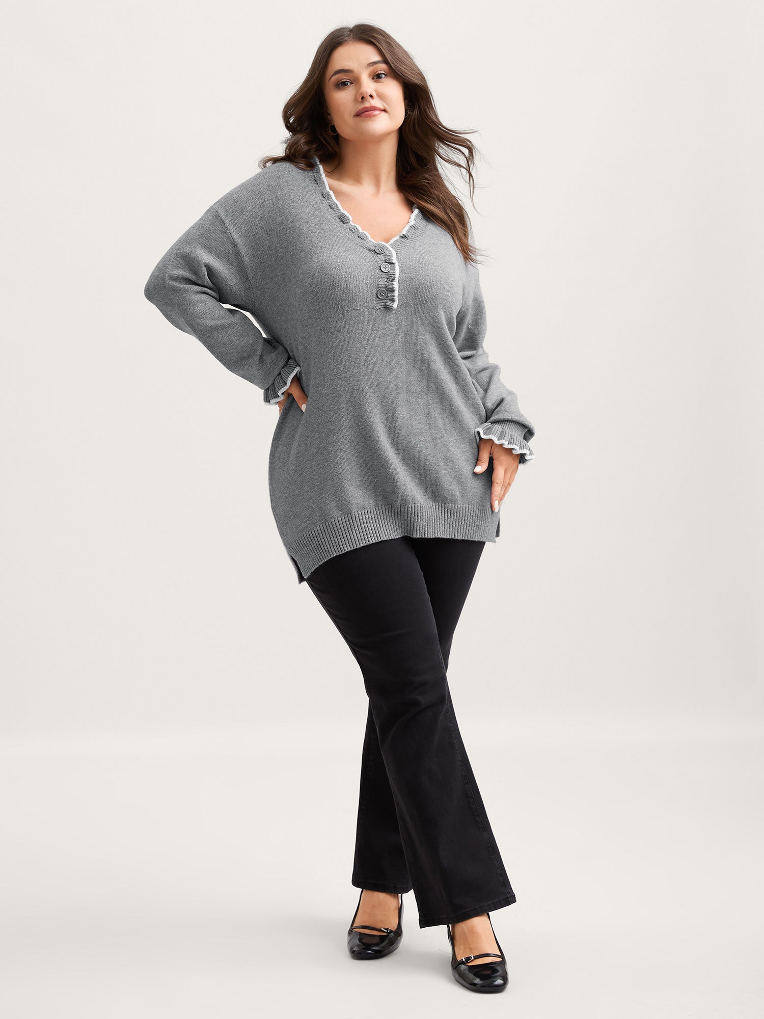 Color Contrast Ruffled Sleeve Pullover