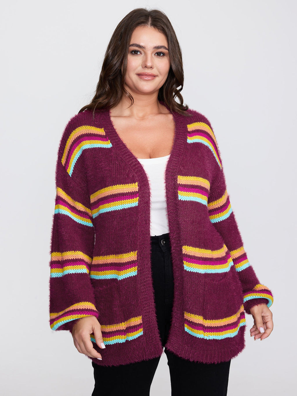 Colorful Stripe Furry Textured Knit Cardigan