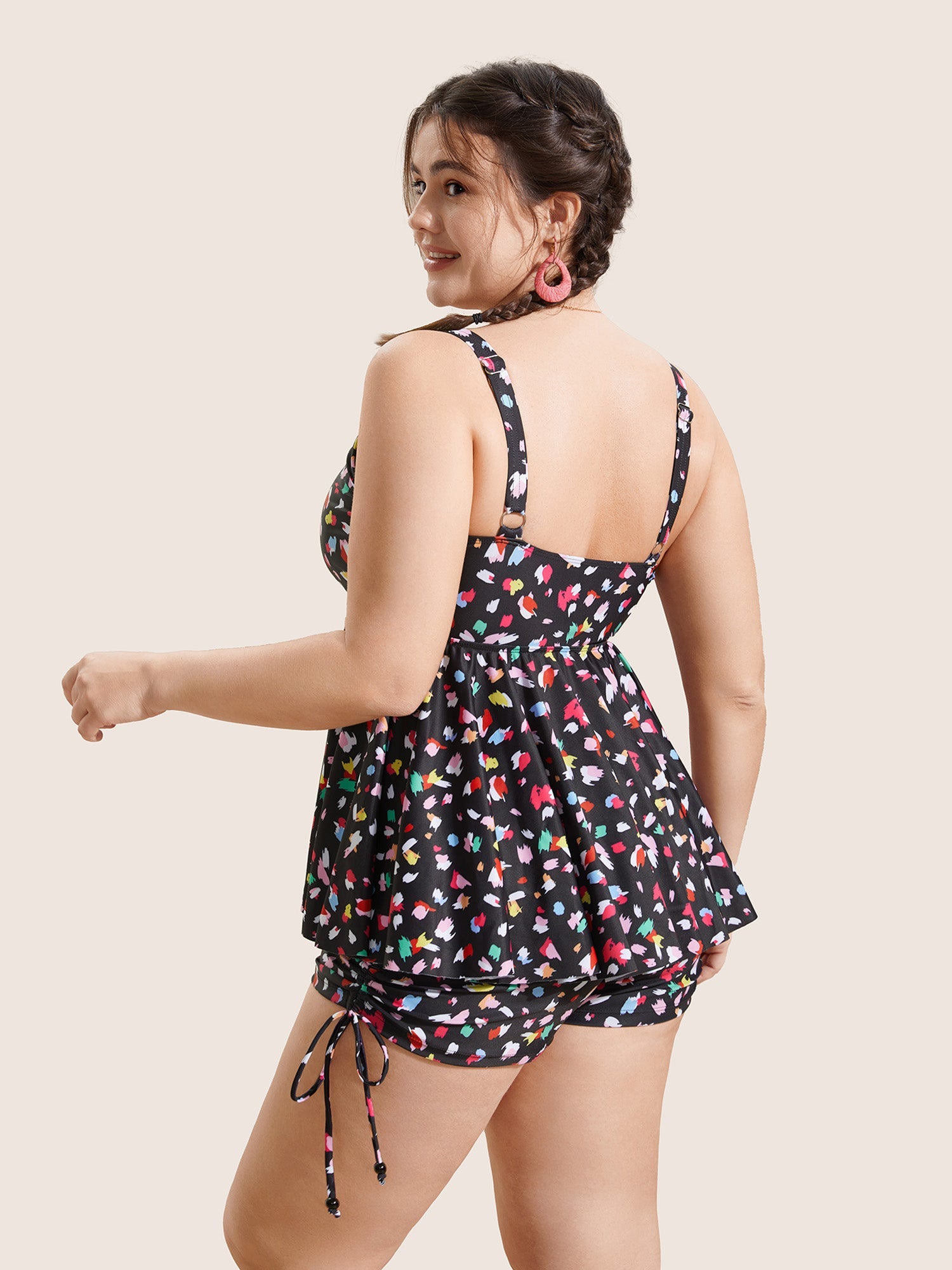 Allover Print V Neck Gathered Swim Top