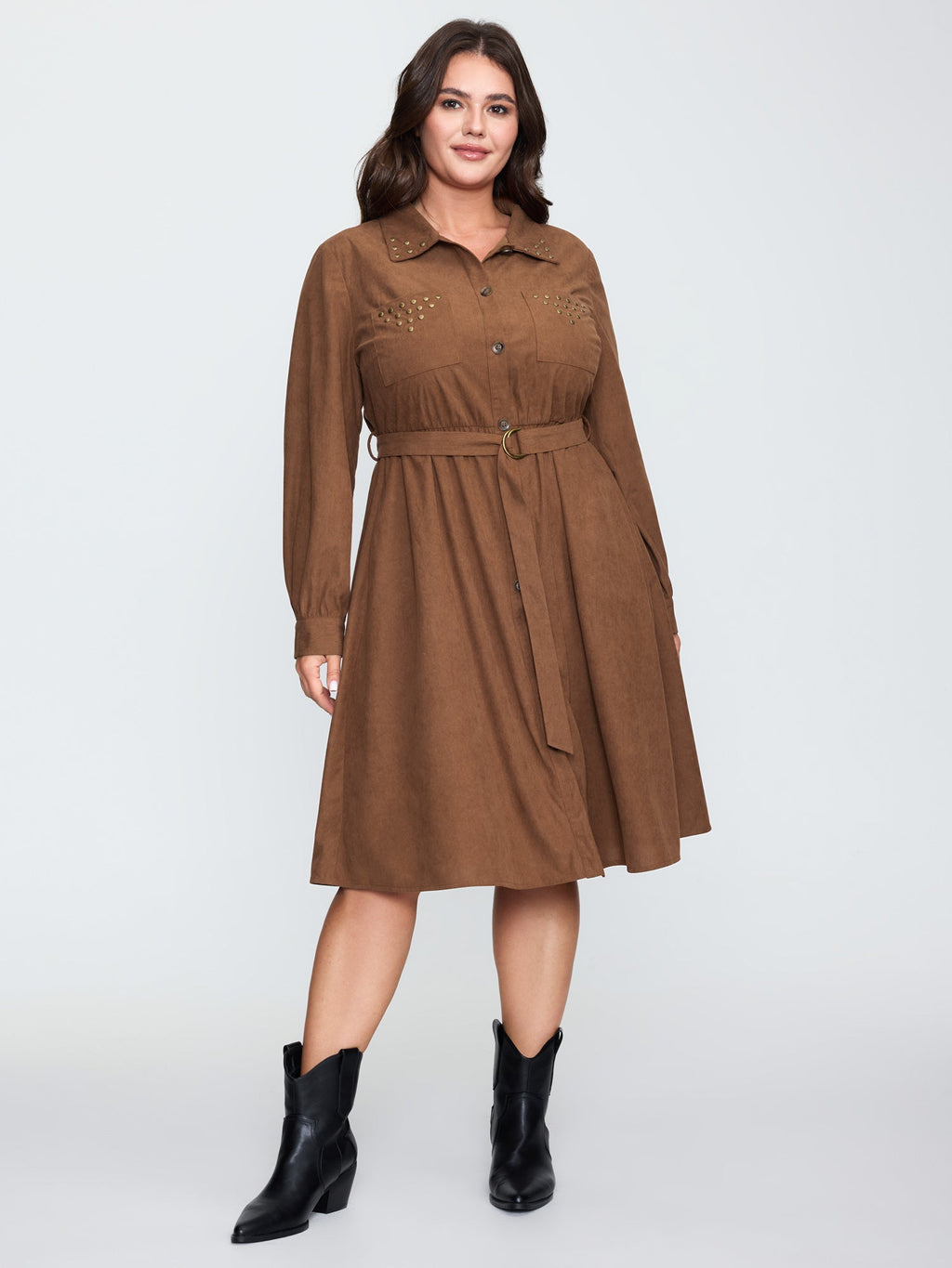 Corduroy Rivets Belted Waist Midi Shirt Dress