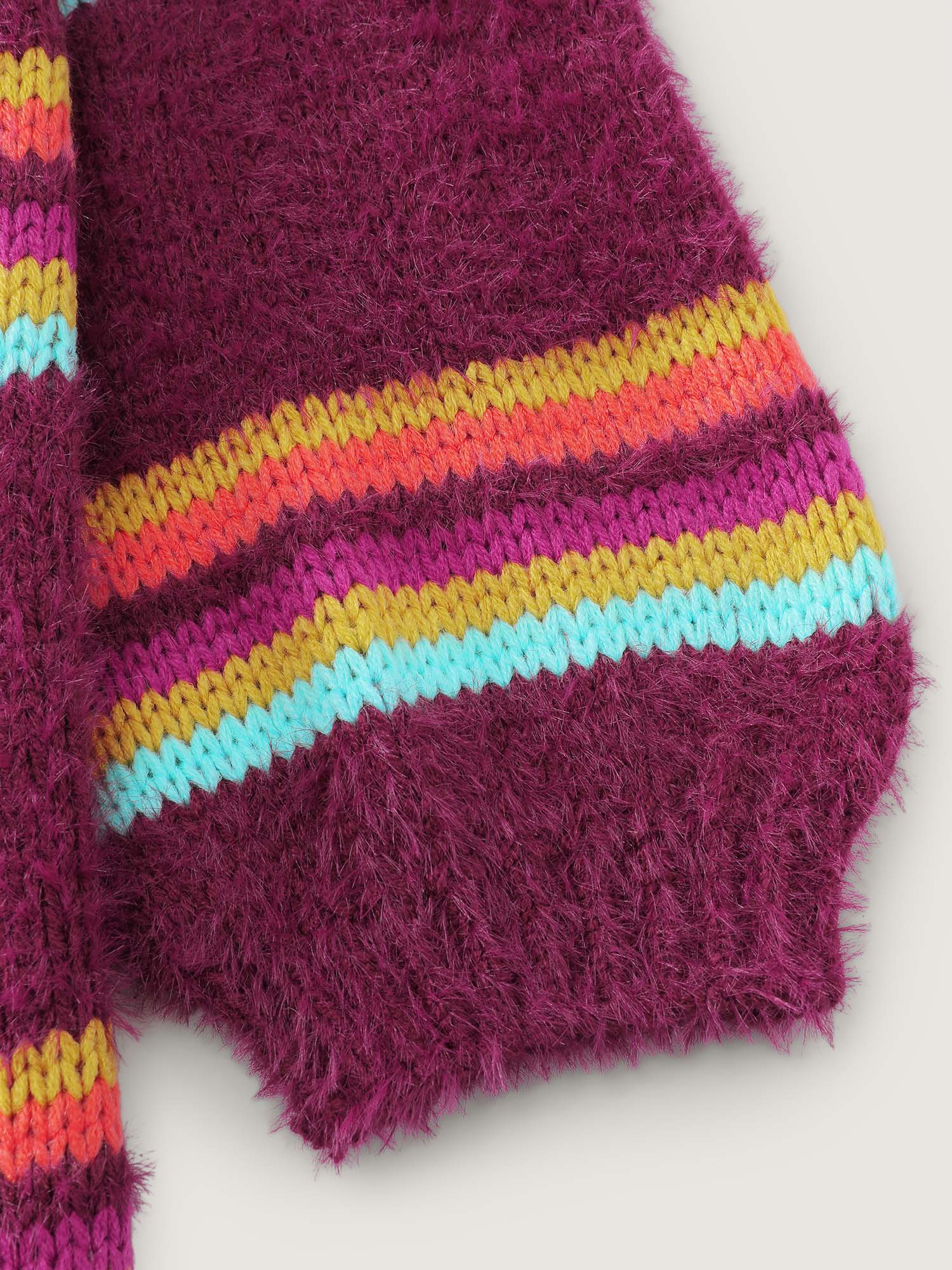 Colorful Stripe Furry Textured Knit Cardigan