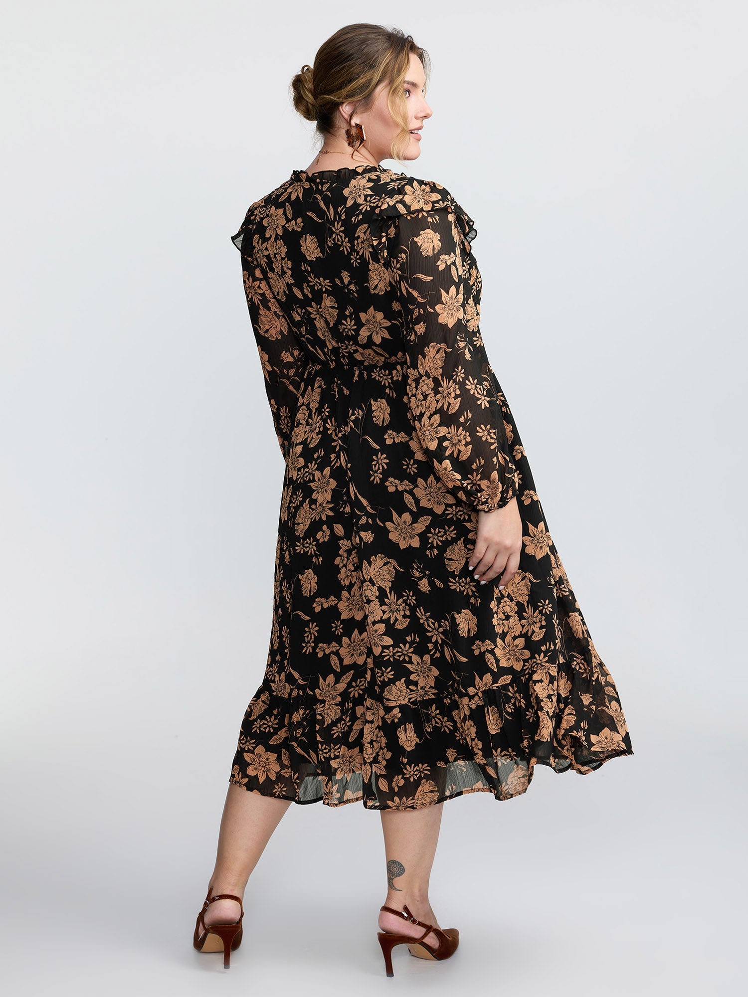 Chiffon Silhouette Flower Ruffled Midi Dress