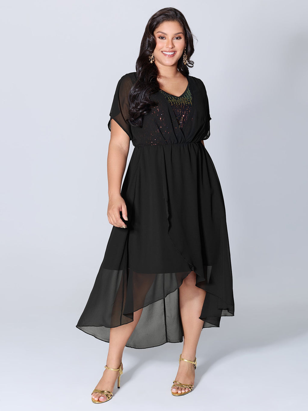 2-in-1 Sheer Sparkly Wrap Midi Dress