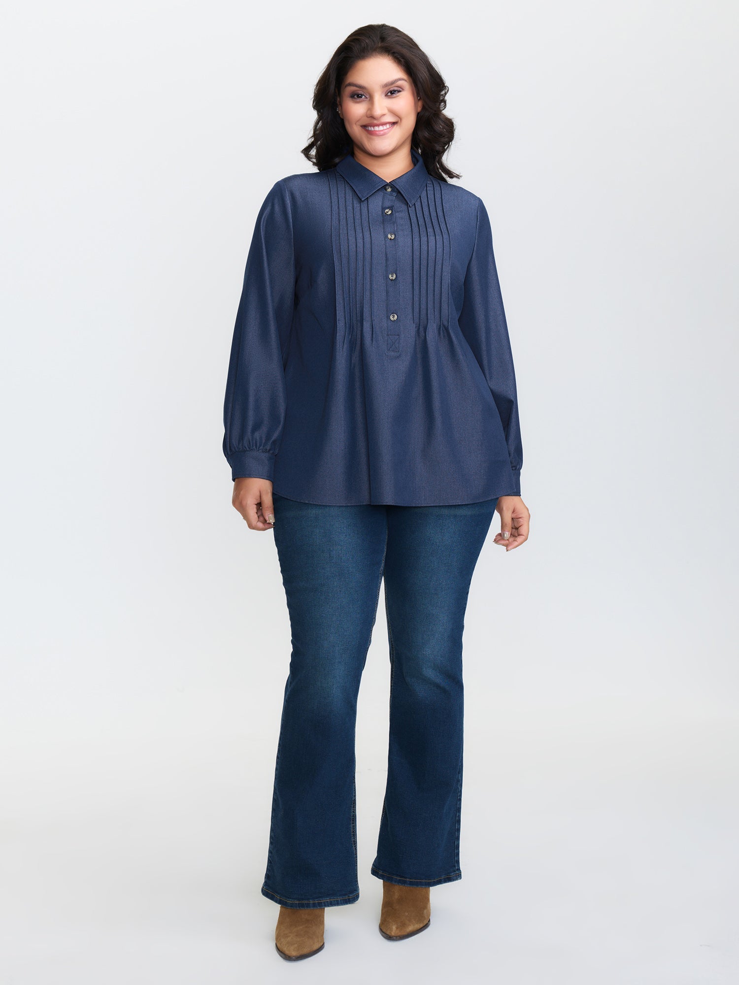 Buttons Pleated Denim Blouse