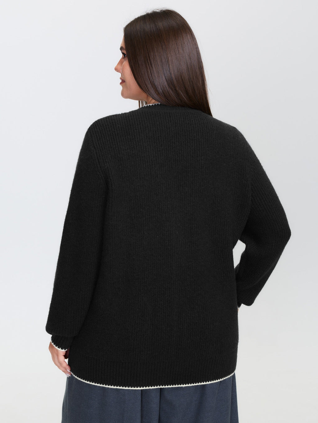 Color Contrast Edged V-Neck Knit Cardigan