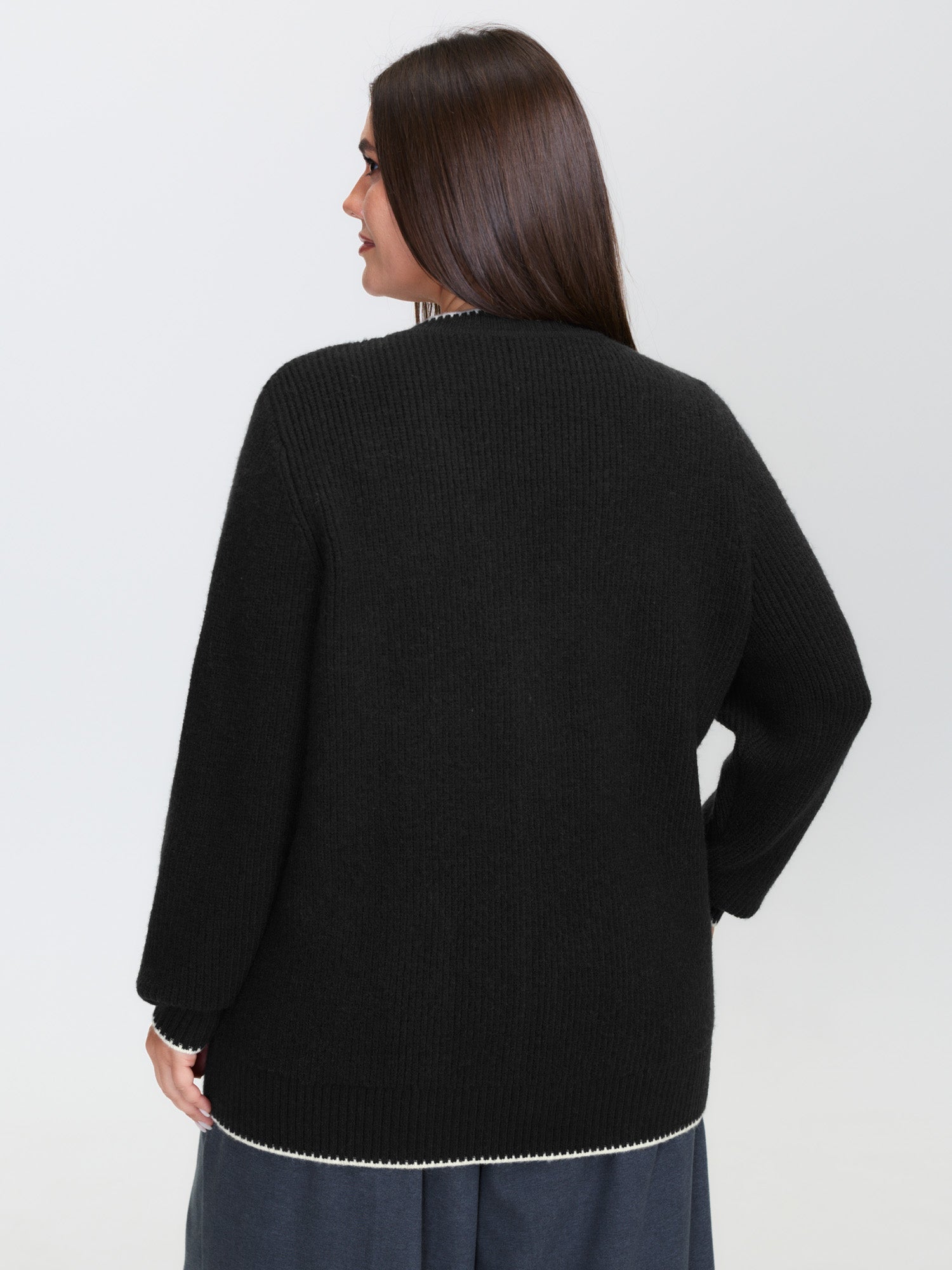 Color Contrast Edged V-Neck Knit Cardigan