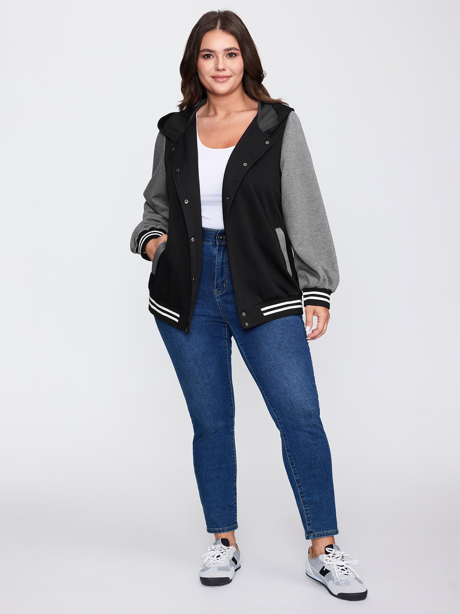 Colorblock Pockets Button Hooded Jacket