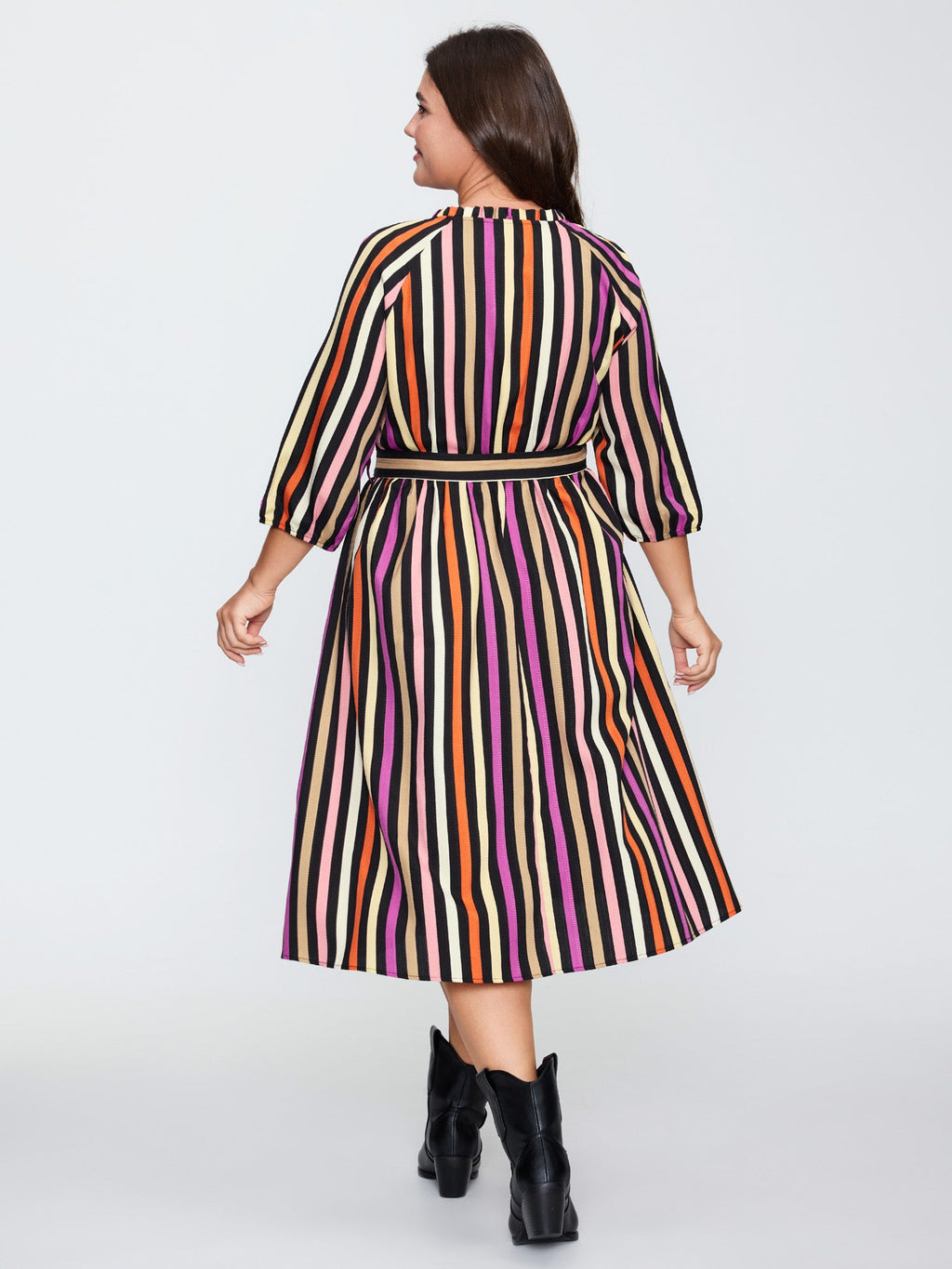Autumn Stripe Print Belted Waist Midi Dress