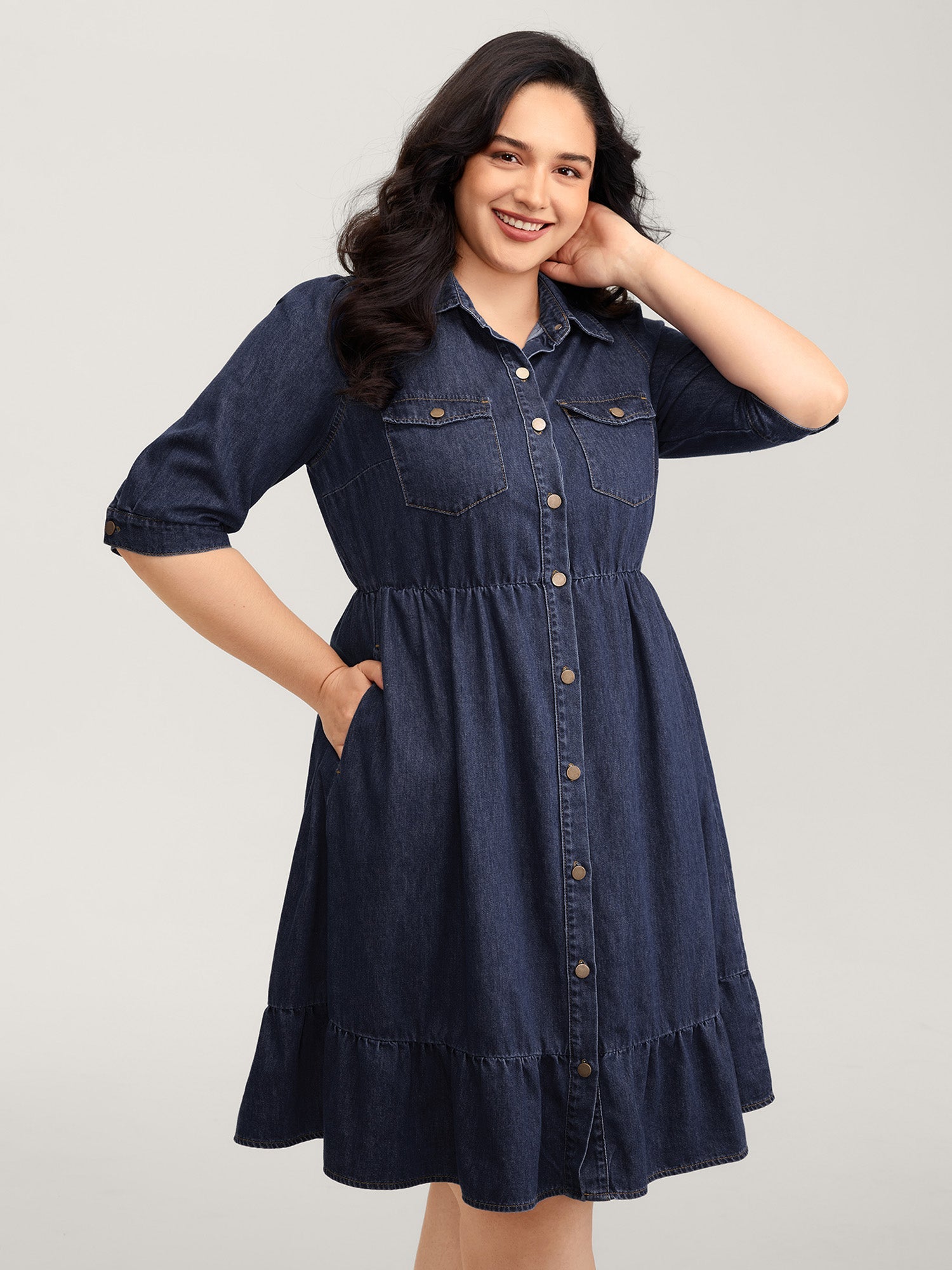 Denim Ruffled Hem Pockets Shirt Dress