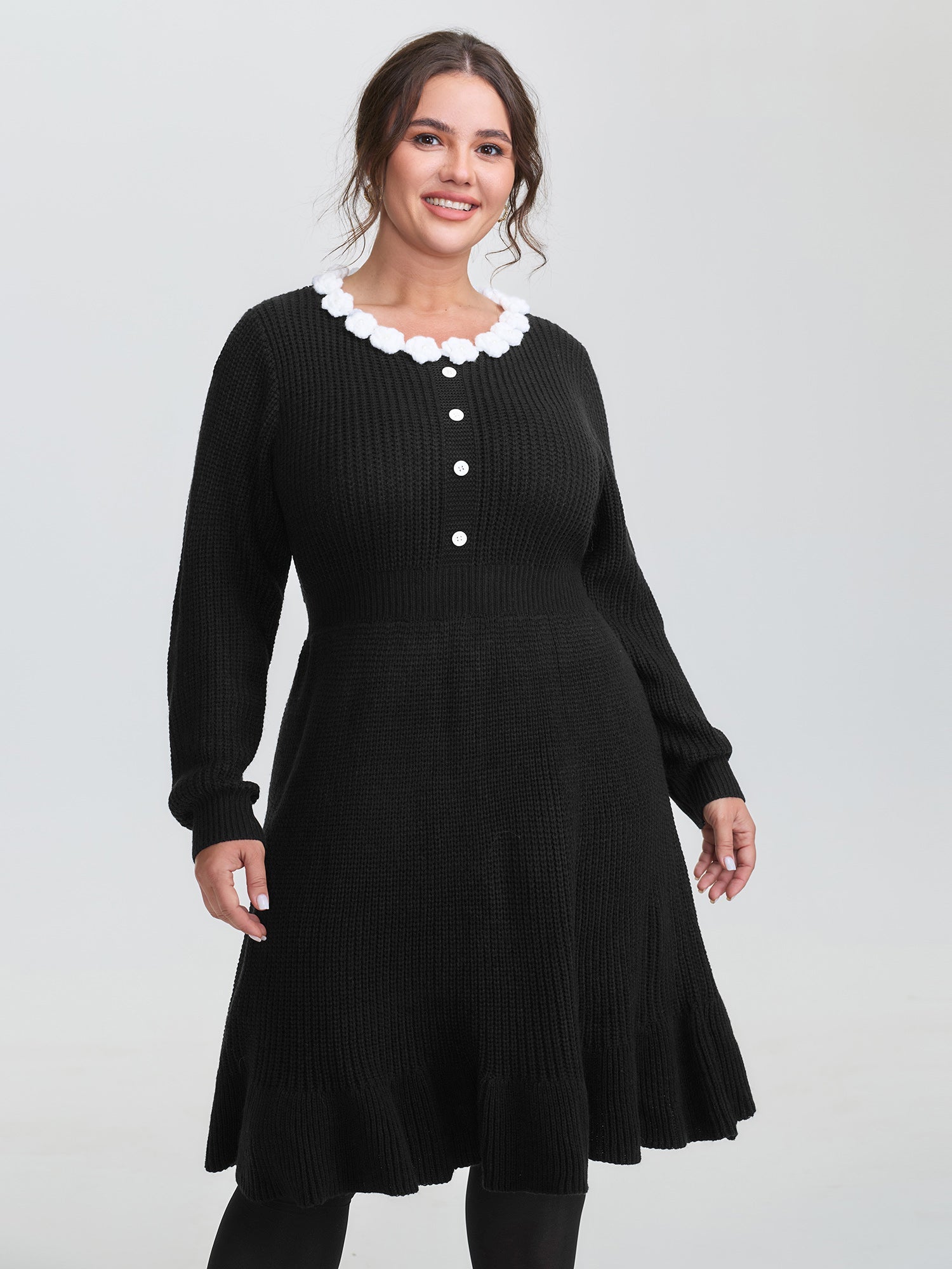 Cloudy Crochet Neckline Midi Sweater Dress