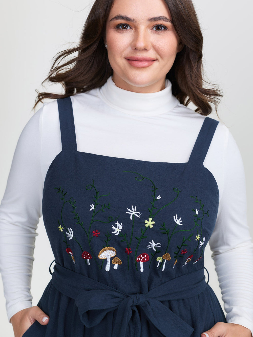 Cotton Garden Embroidery Belted Waist Midi Dress