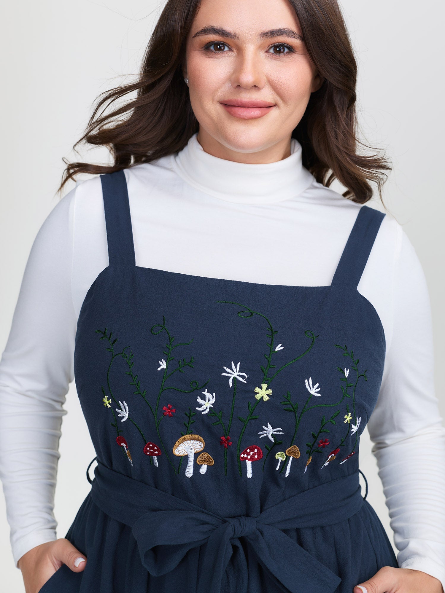 Cotton Garden Embroidery Belted Waist Midi Dress