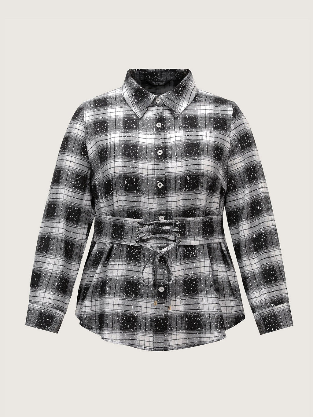 Checkered Hot Stamped Waist-Tie Blouse