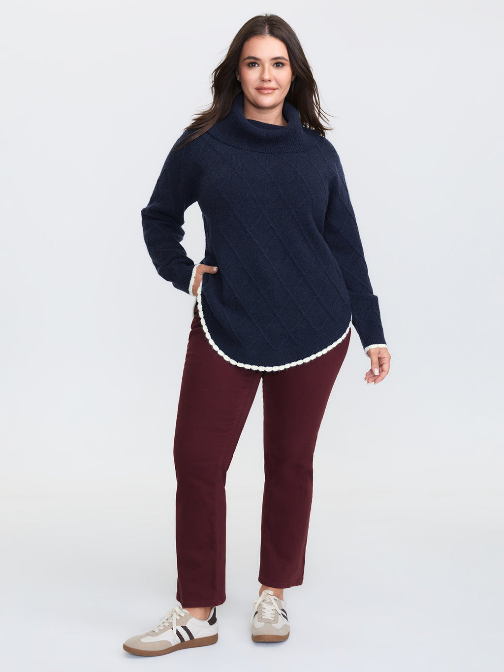 Curvy Contrast Hem Textured Turtleneck Pullover