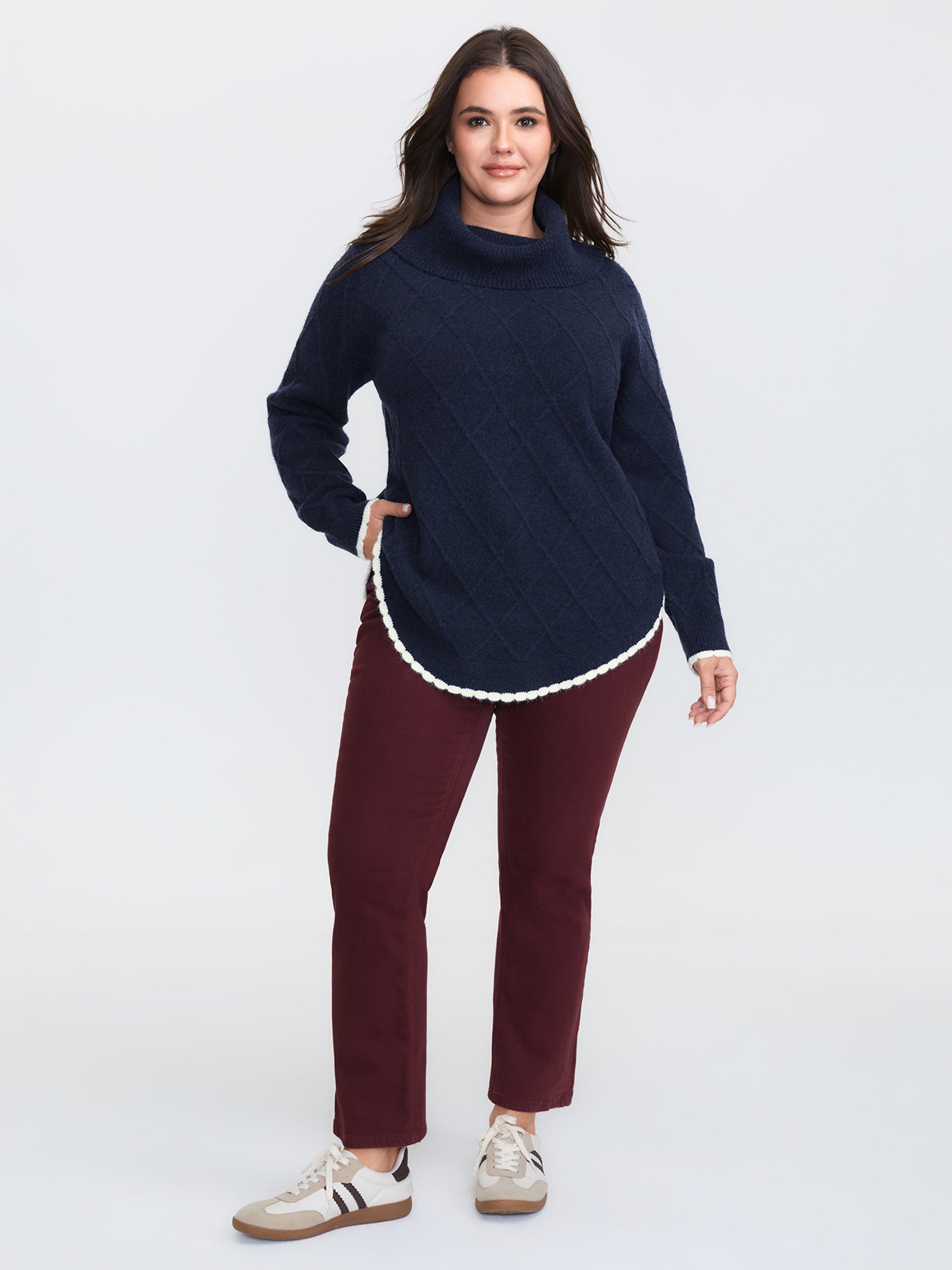 Curvy Contrast Hem Textured Turtleneck Pullover