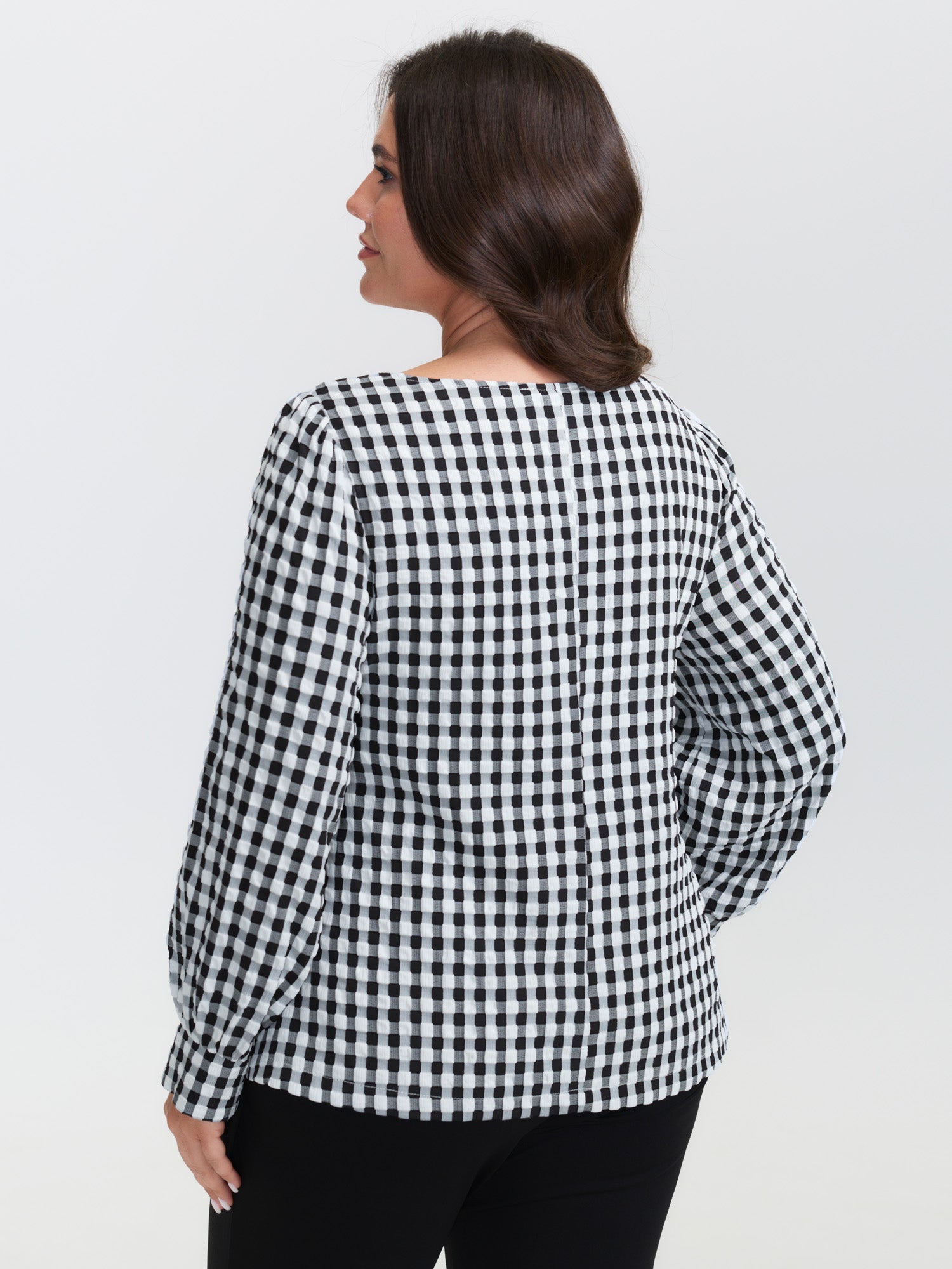 Checkered Crossover Tie Square Neck Blouse