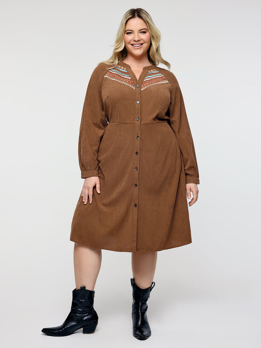 Corduroy Embroidered Pockets Button Midi Dress