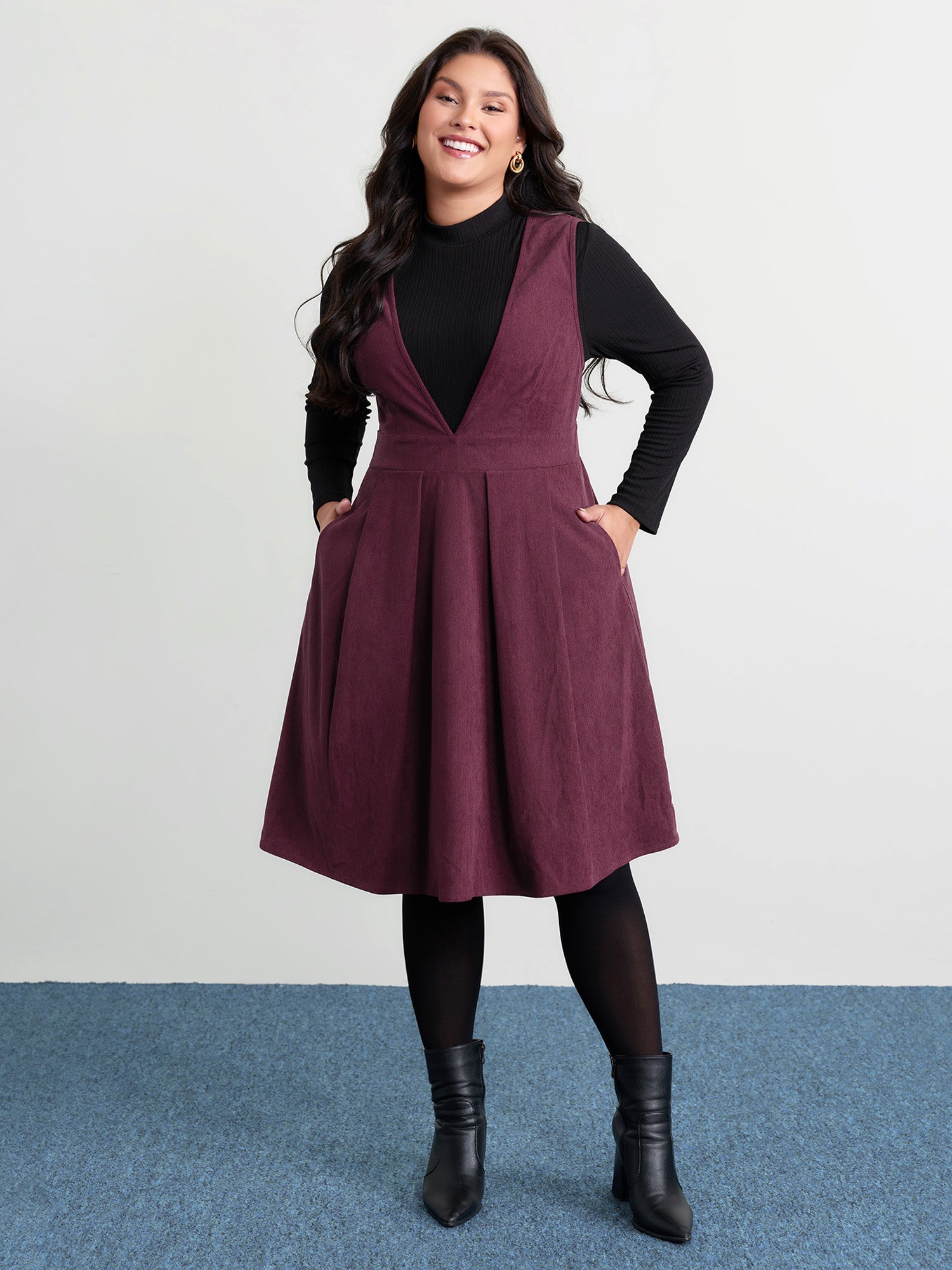 Corduroy Stretchy Waist V-Neck Midi Dress