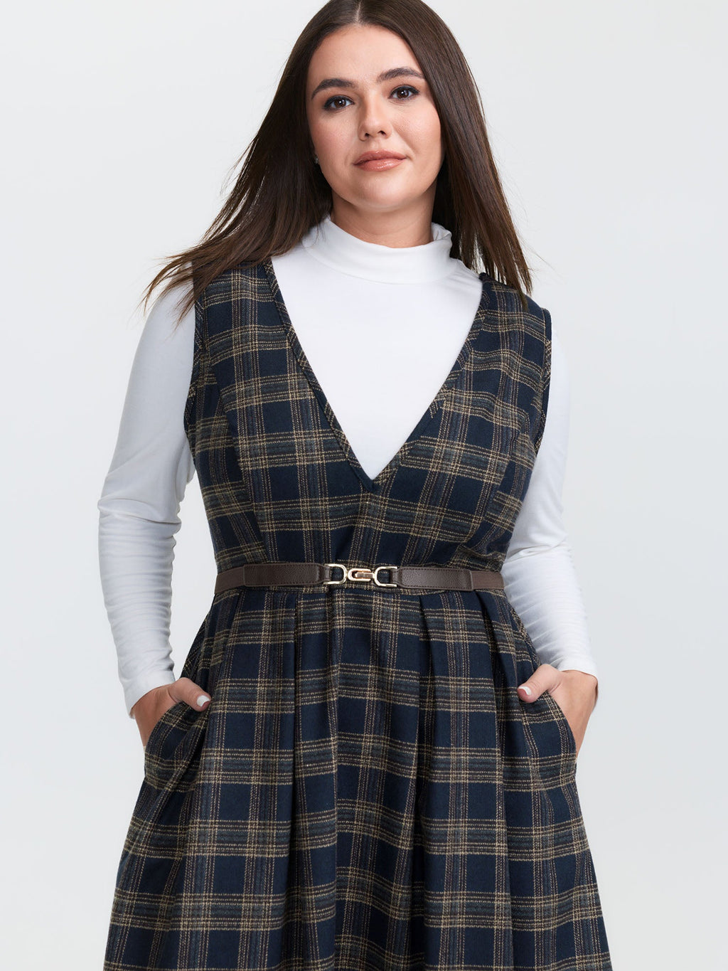 Checkered Pleated Pocket Midi Dress