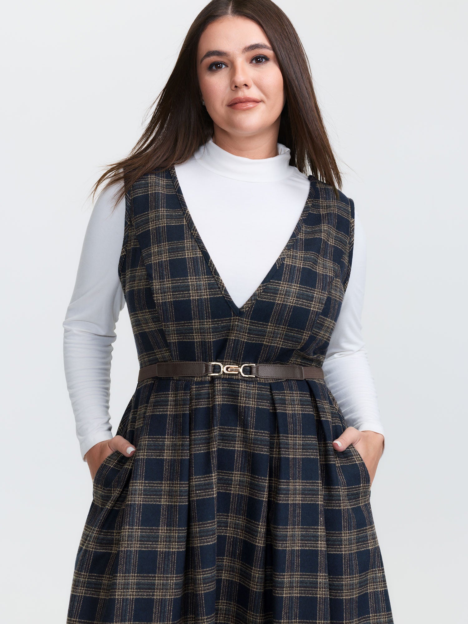 Checkered Pleated Pocket Midi Dress