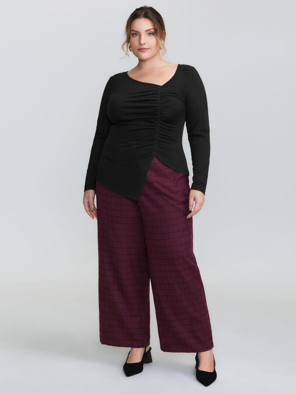 Asymmetrical Neckline Ruched Stretchy Knit Top