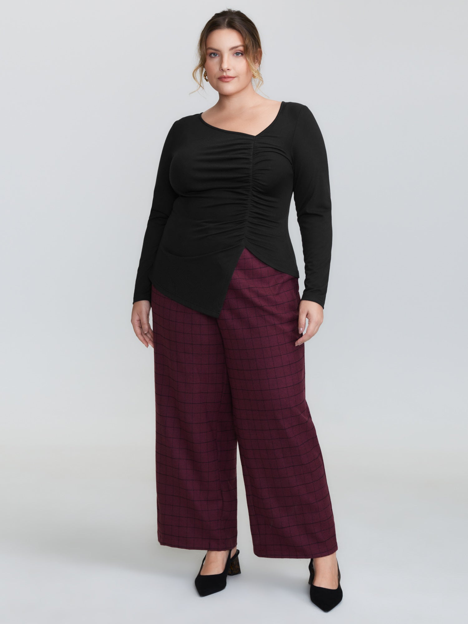 Asymmetrical Neckline Ruched Stretchy Knit Top