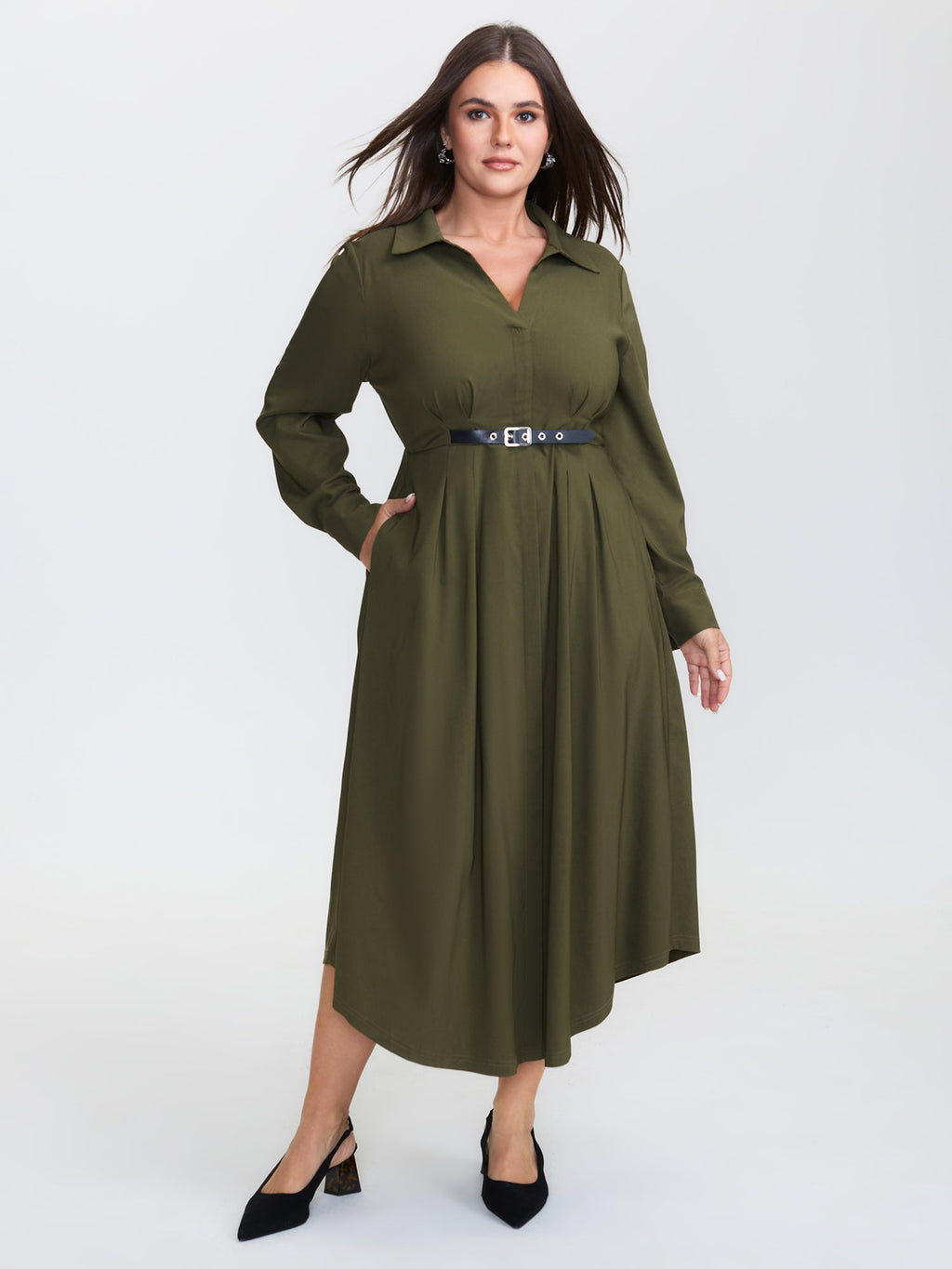 Arc Hem Cinched-Waist Shirt Maxi Dress