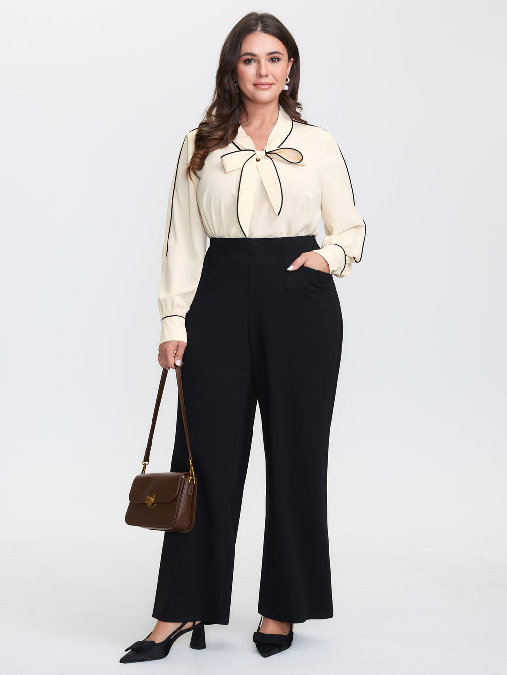 Bowknot Neckline Color Contrast Blouse