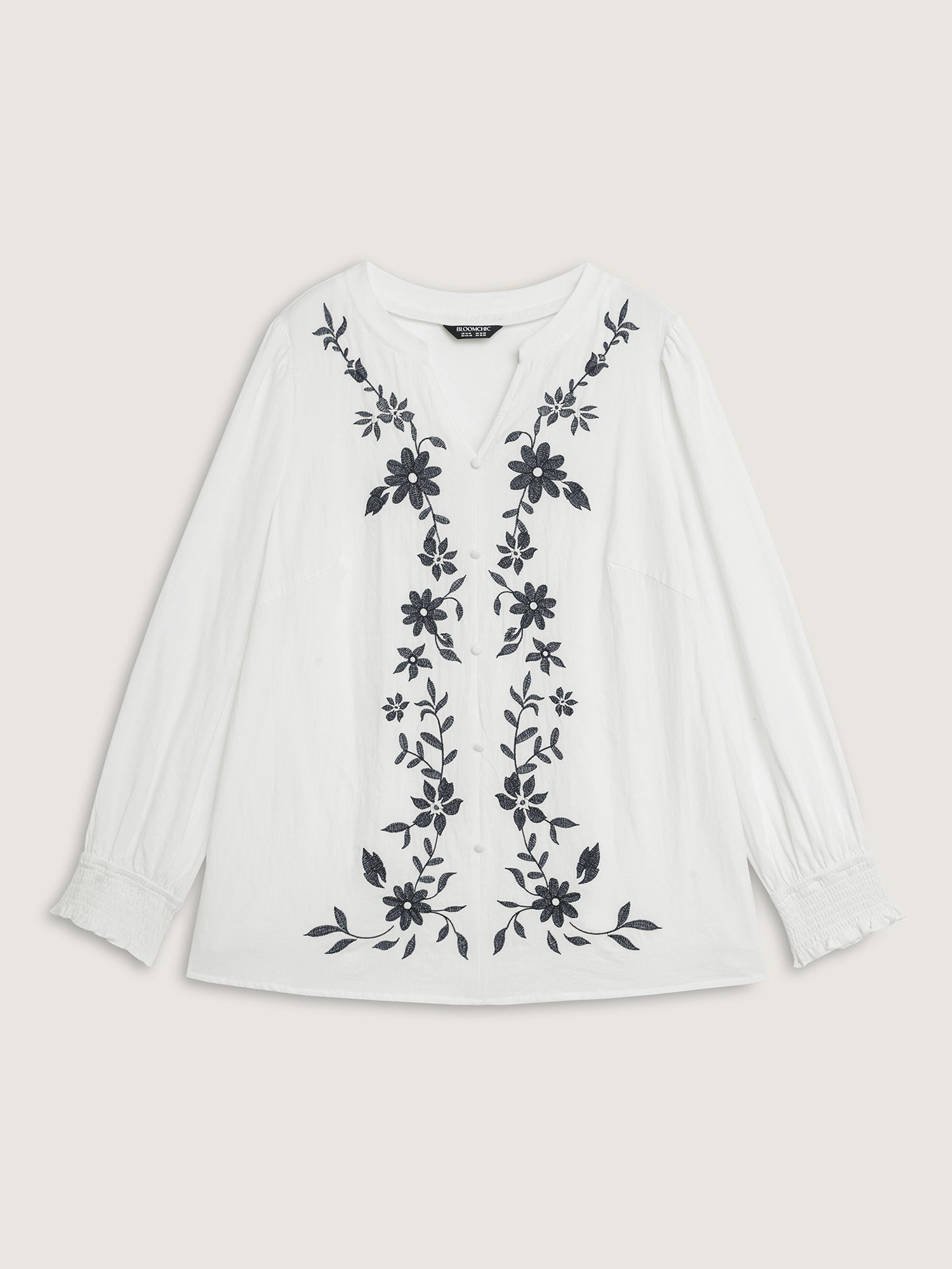 Cotton Floral Embroidery Shirred Blouse