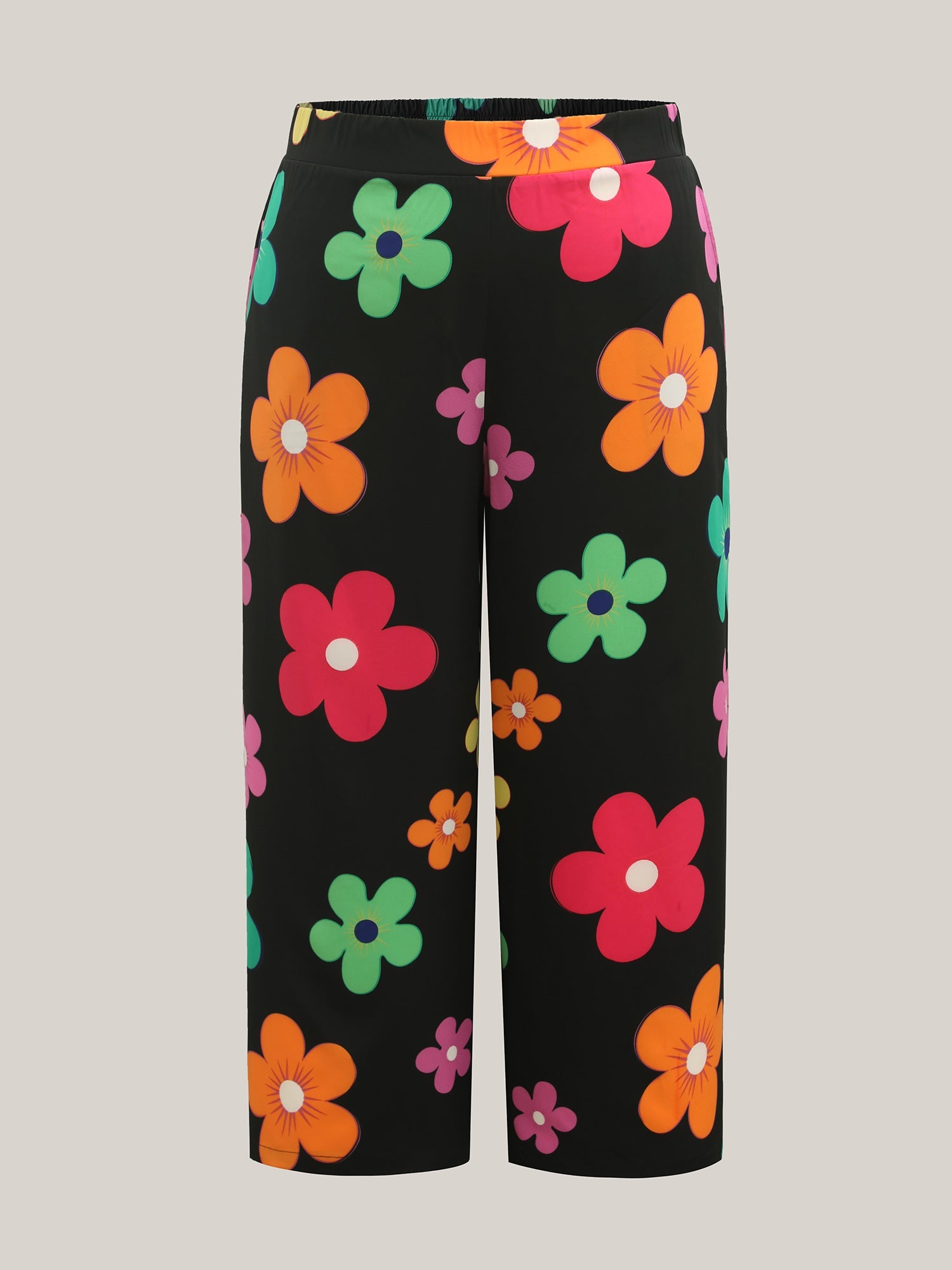Colorful Large Floral Print Wide-Leg Pants