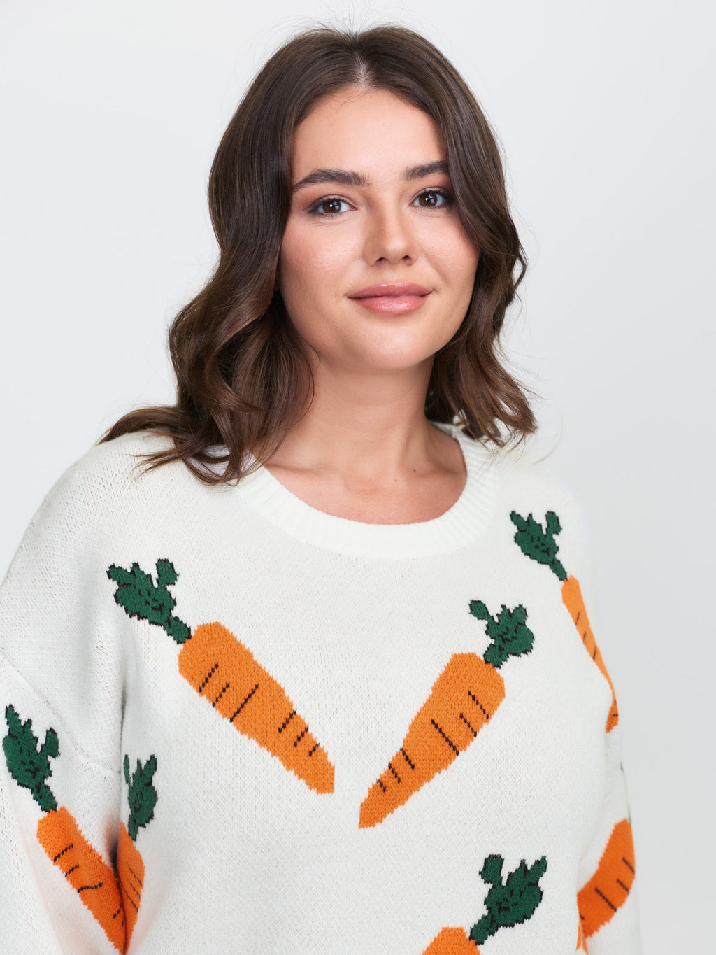 Carrot Pattern Round Neck Ribbed Pullover