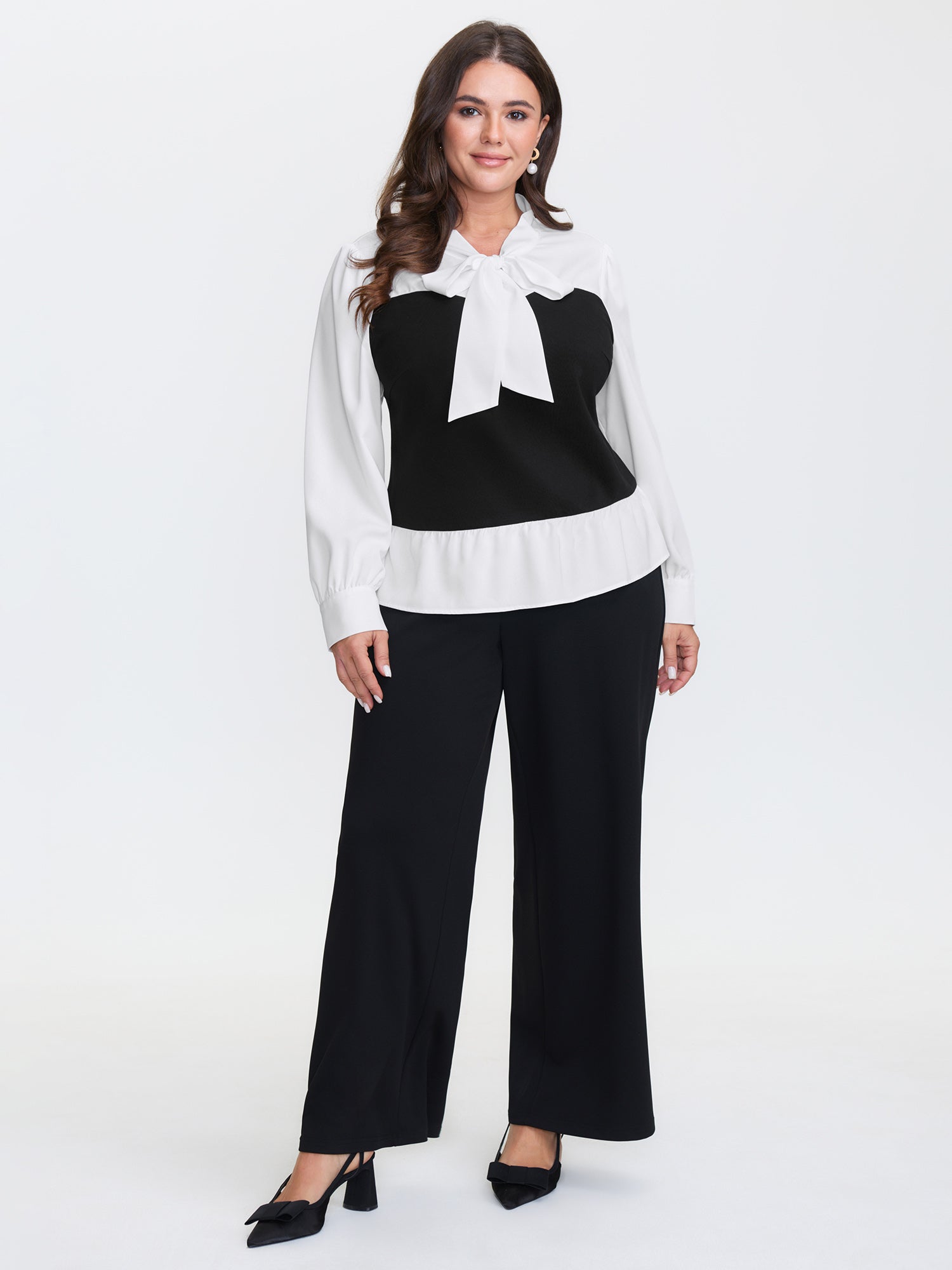 Colorblock Neckline Tie Layered Blouse