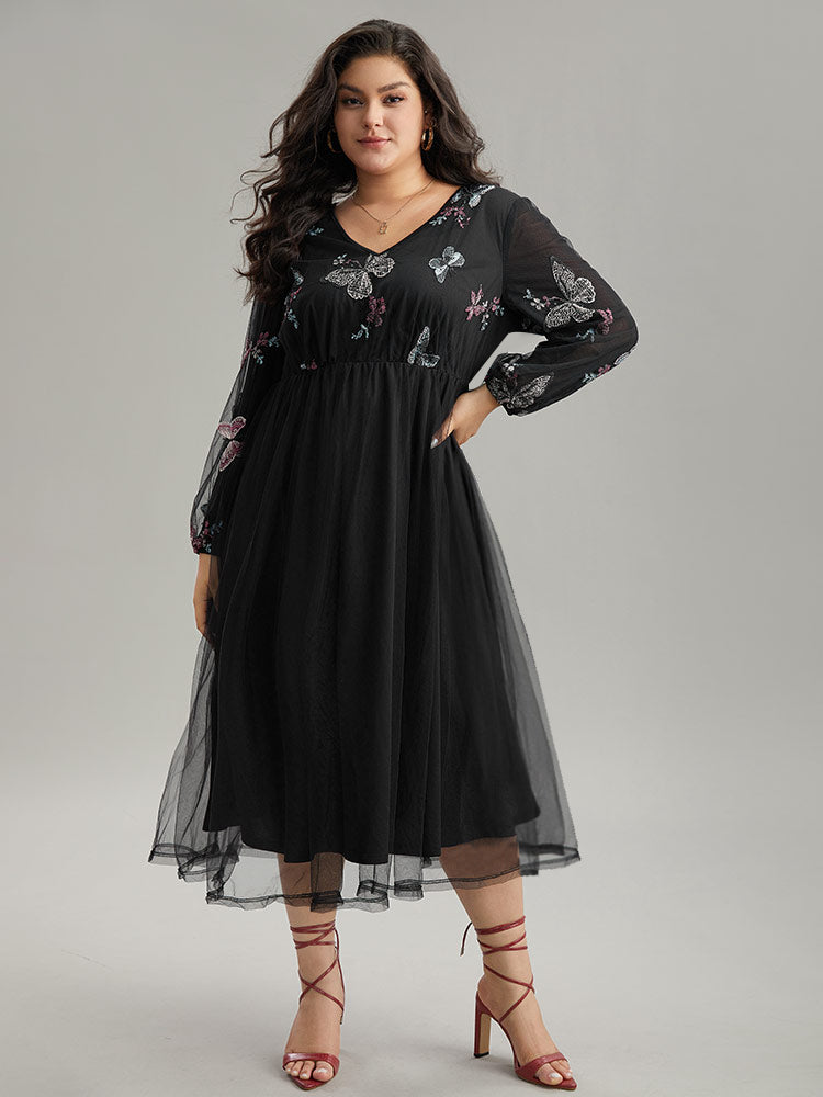 Butterfly Embroidered Mesh Gathered Patchwork Dress