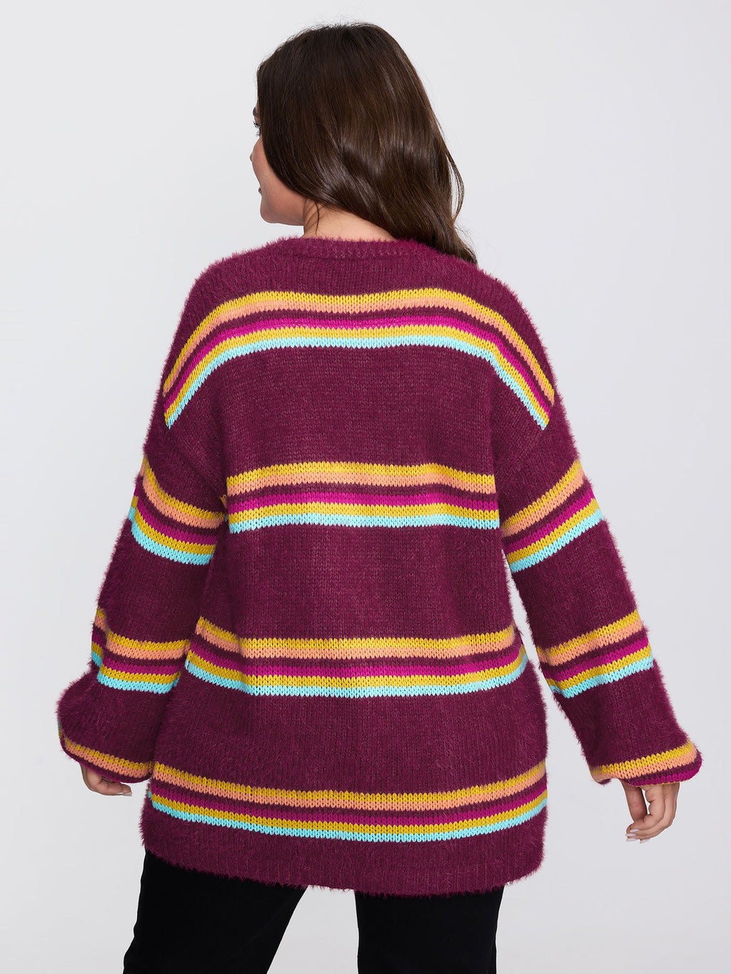 Colorful Stripe Furry Textured Knit Cardigan