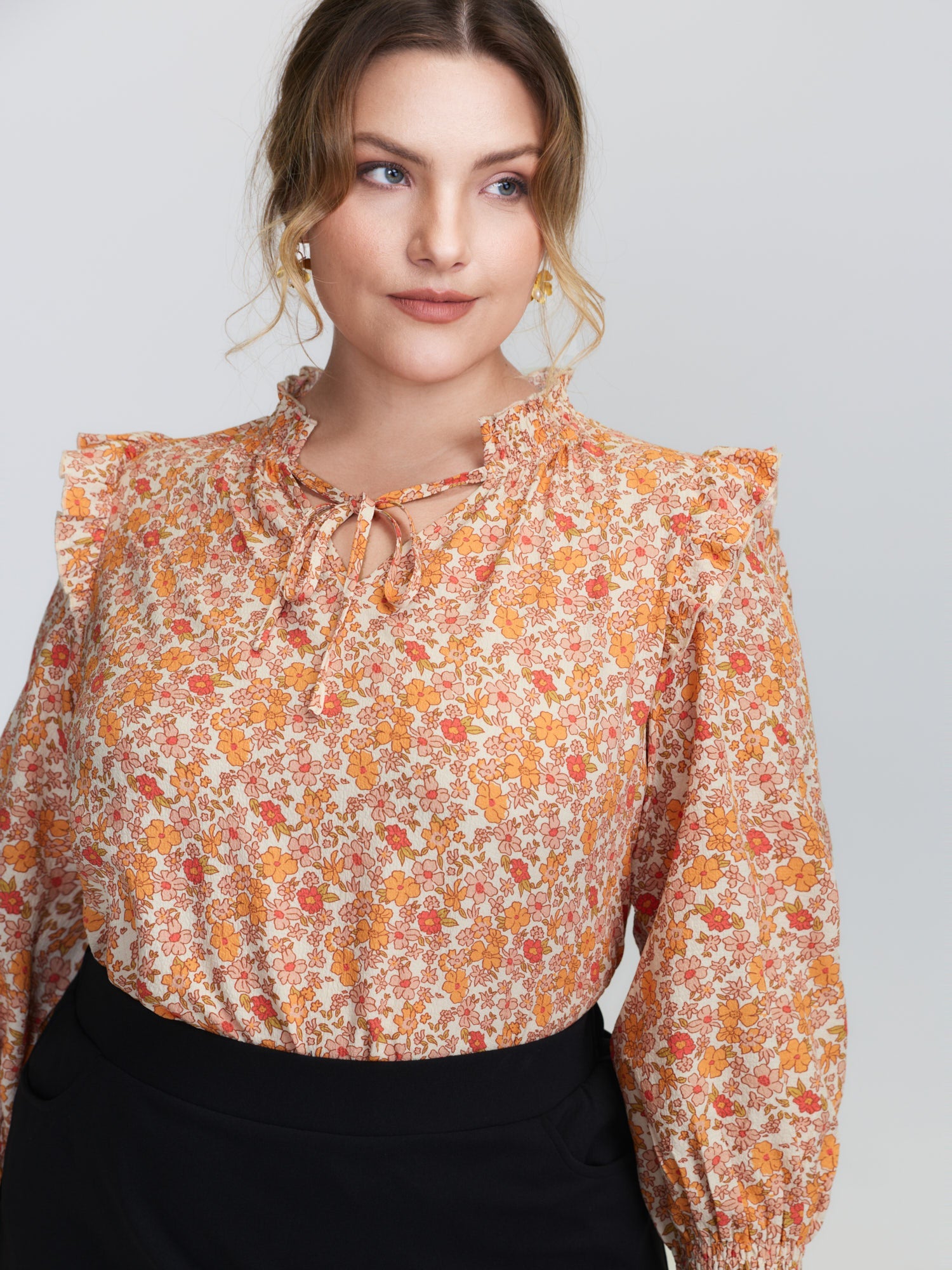 Chiffon Floral Print Ruffled Shoulder Blouse