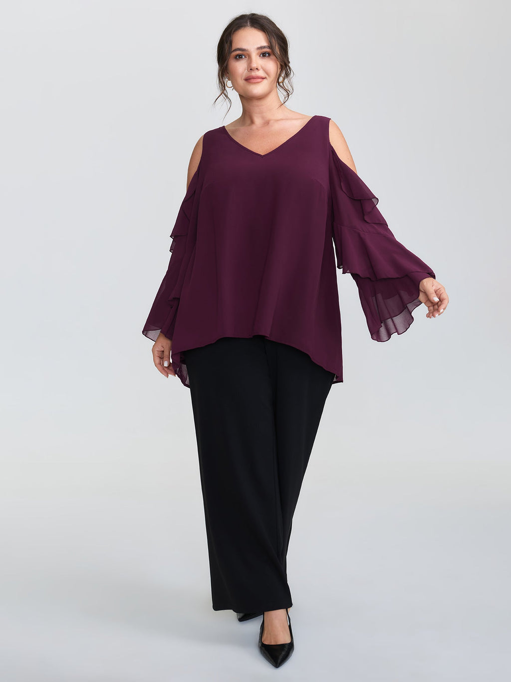 Ruffled Cut-Out Shoulder Flowy Blouse