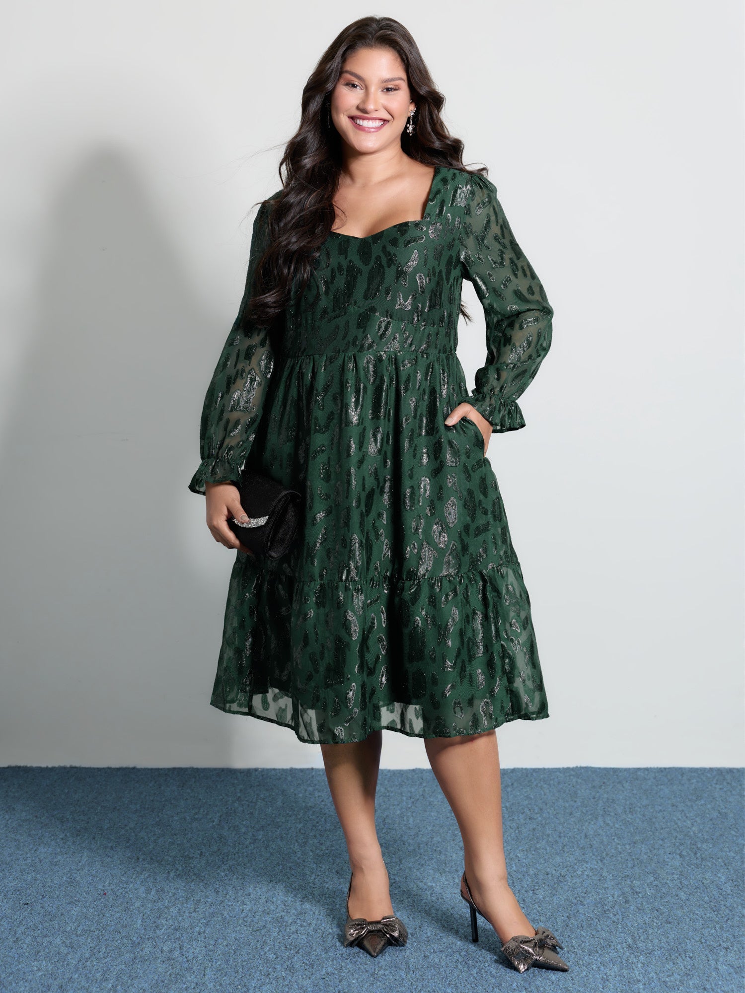 Textured Shirred Backless Tie Midi Dress