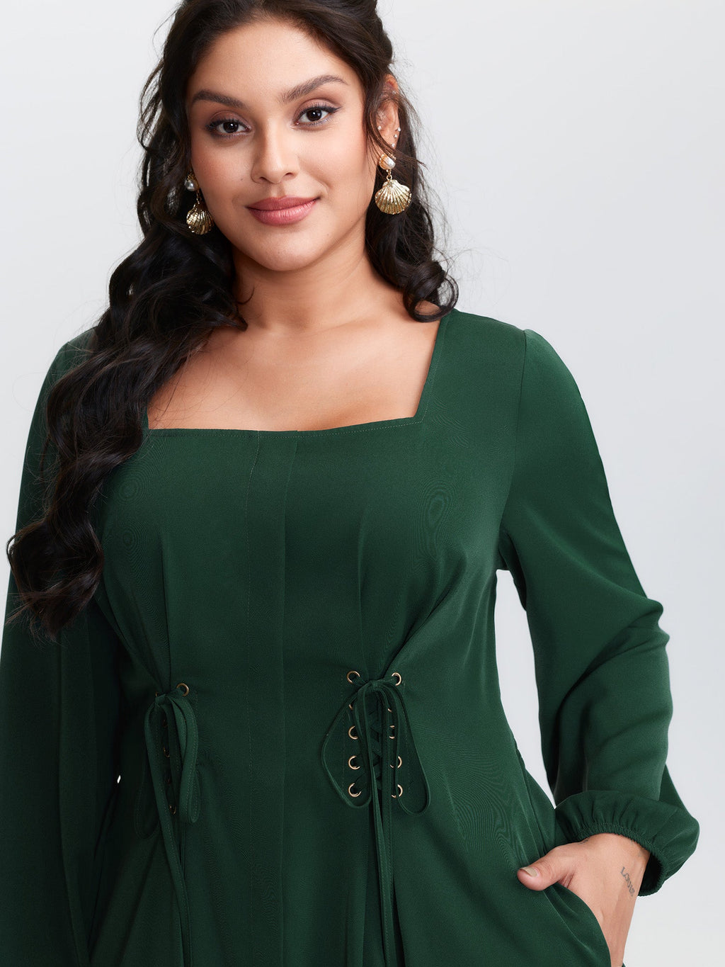 Cinched-Tie Waist Shirred Midi Dress