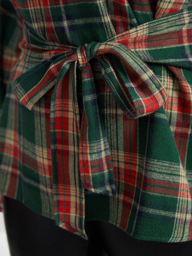Christmas Plaid Ties Lantern Sleeve Blouse