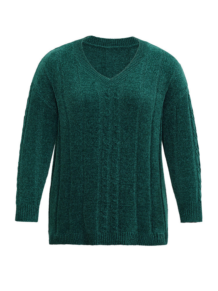 Christmas Plain Cable Knit V Neck Pullover
