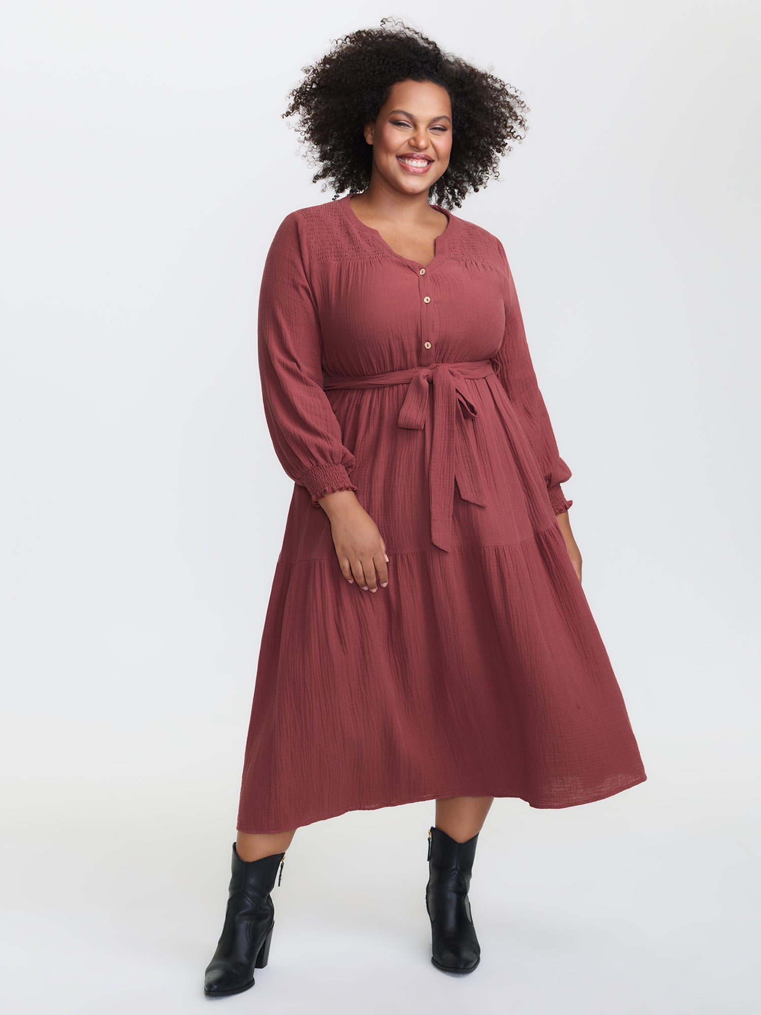 Cotton Textured Belted Pockets Maxi Dress