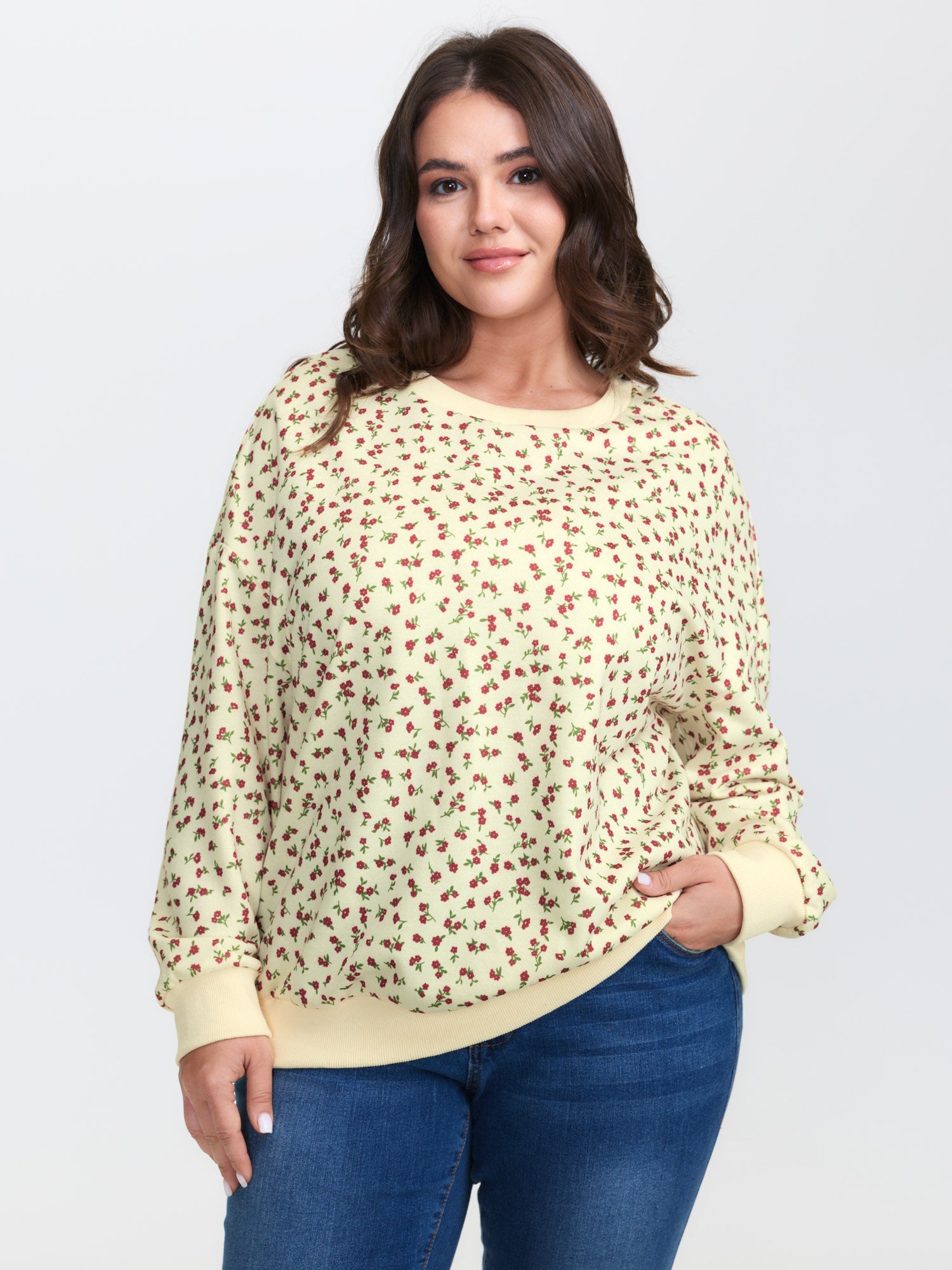 Ditsy Floral Print Stretchy Hem Sweatshirt
