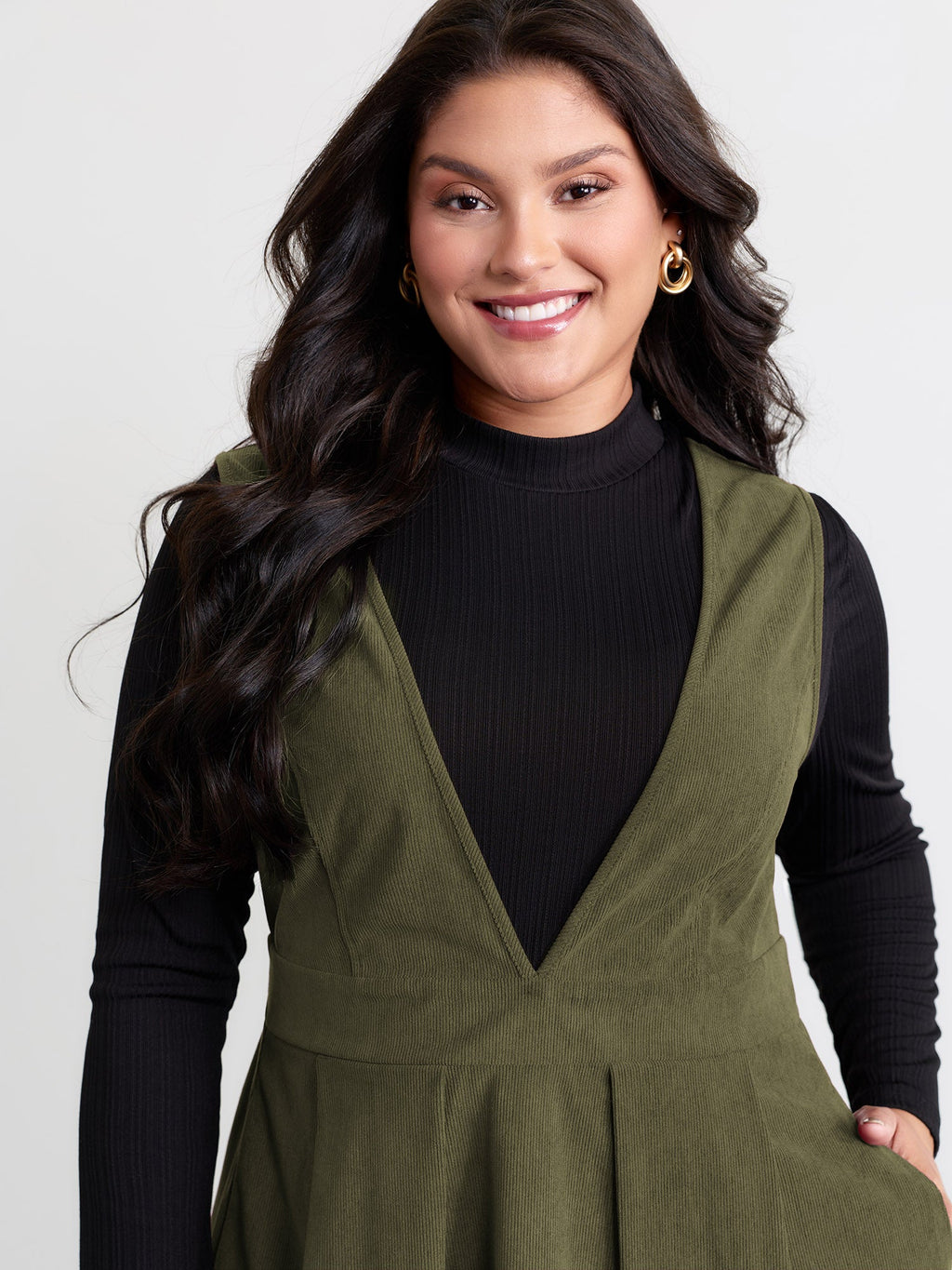 Corduroy Stretchy Waist V-Neck Midi Dress