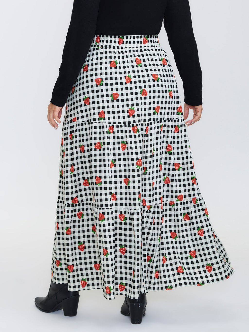 Checkered Fruity Print Tiered Maxi Skirt