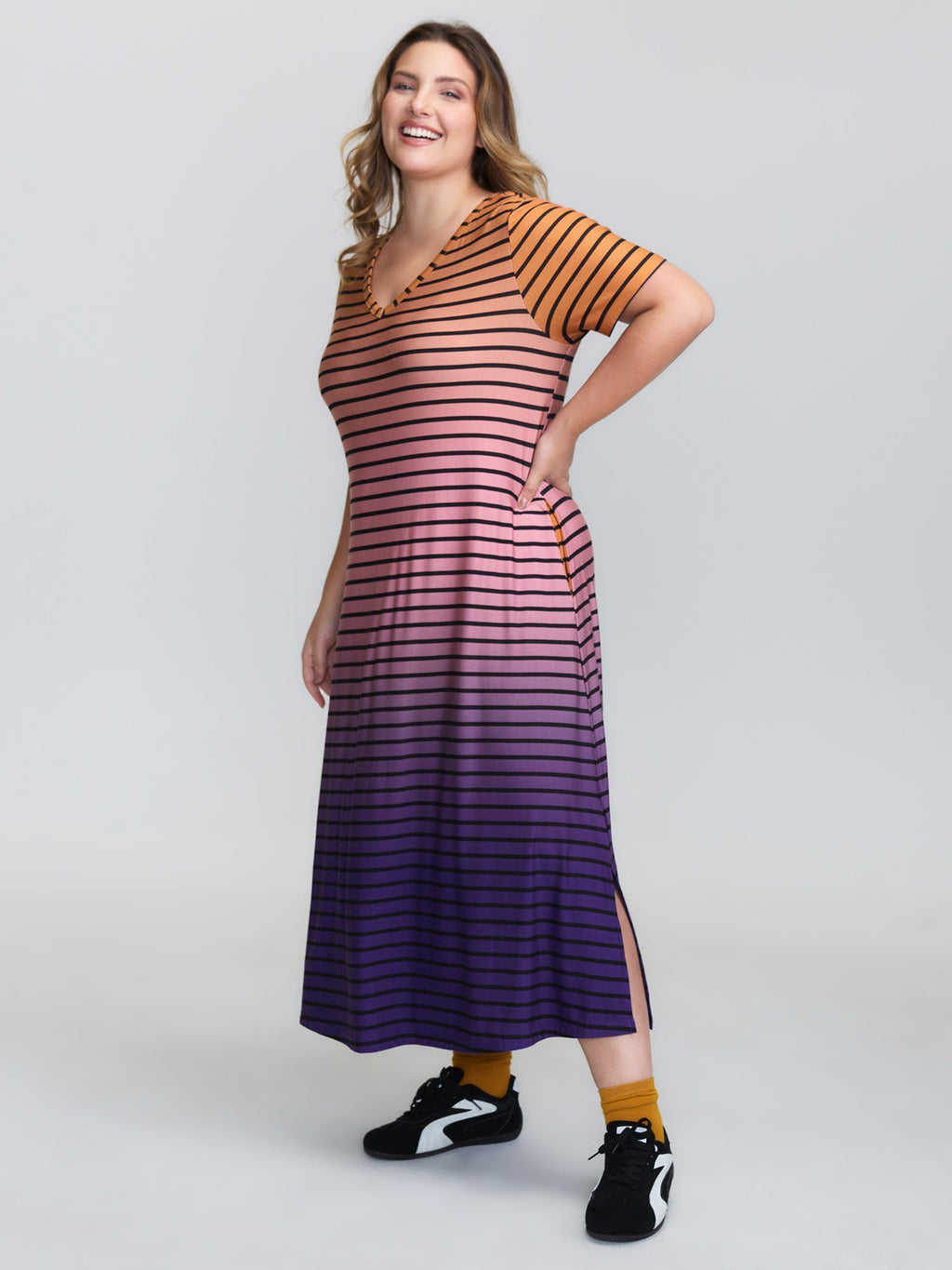 Color Gradient Stripe V-Neck Sleep Dress