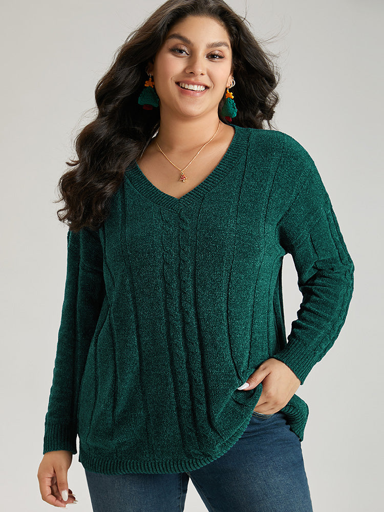 Christmas Plain Cable Knit V Neck Pullover