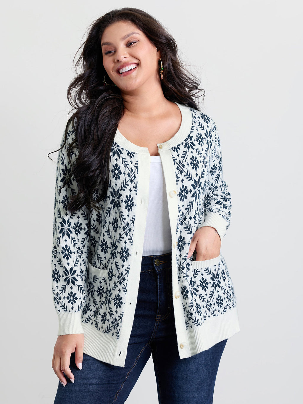 Supersoft Snowflake Jacquard Pattern Pockets Knit Cardigan