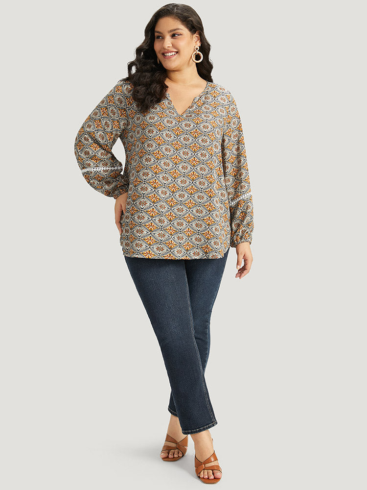 Boho Print Notched Contrast Lace Blouse